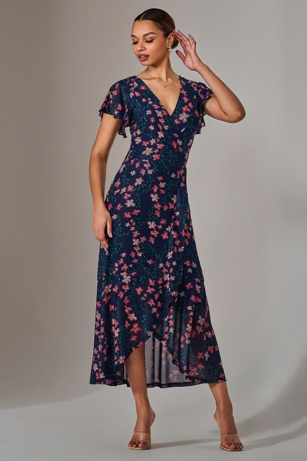 Jolie Moi Mid Navy Floral Mesh Frill Hem Maxi Dress