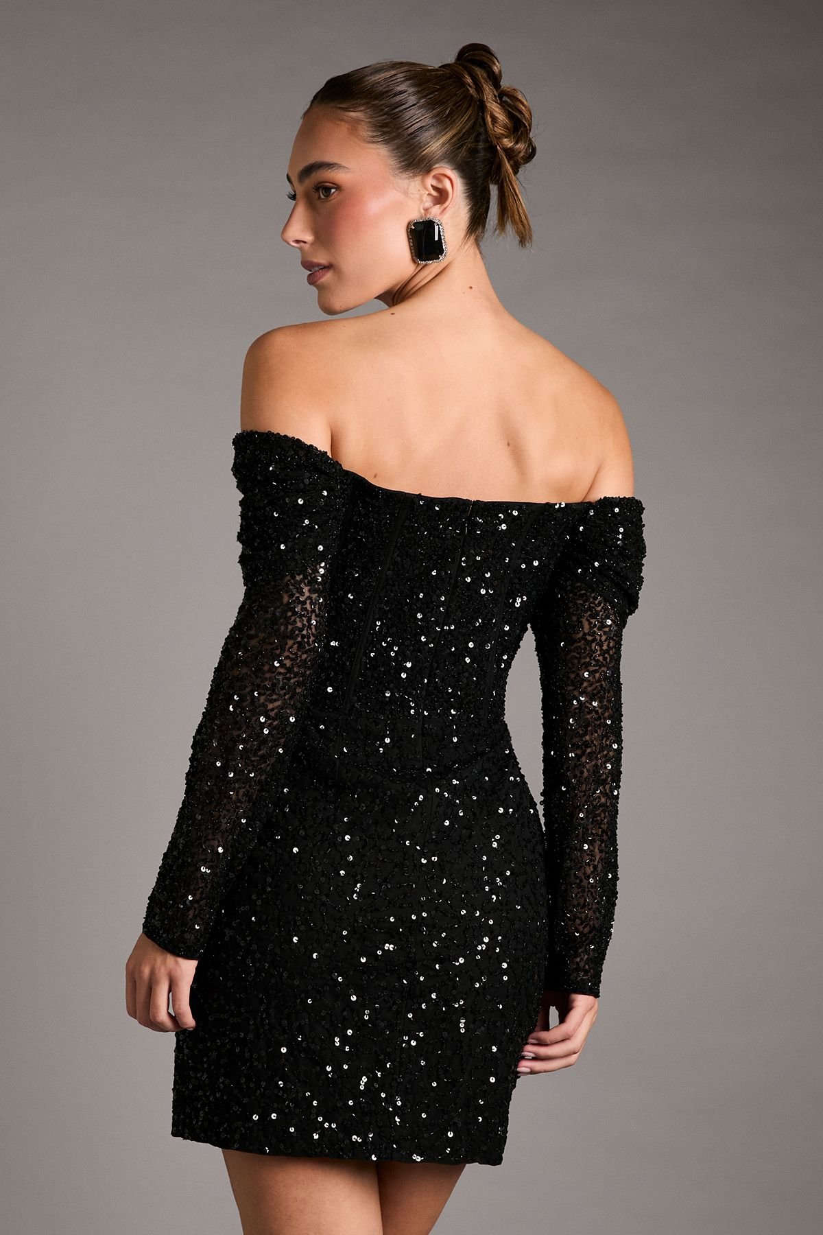 Coast Coast Women's Sequin Party Bardot Long Sleeve Wrap Skirt Mini Dress in Black - 3