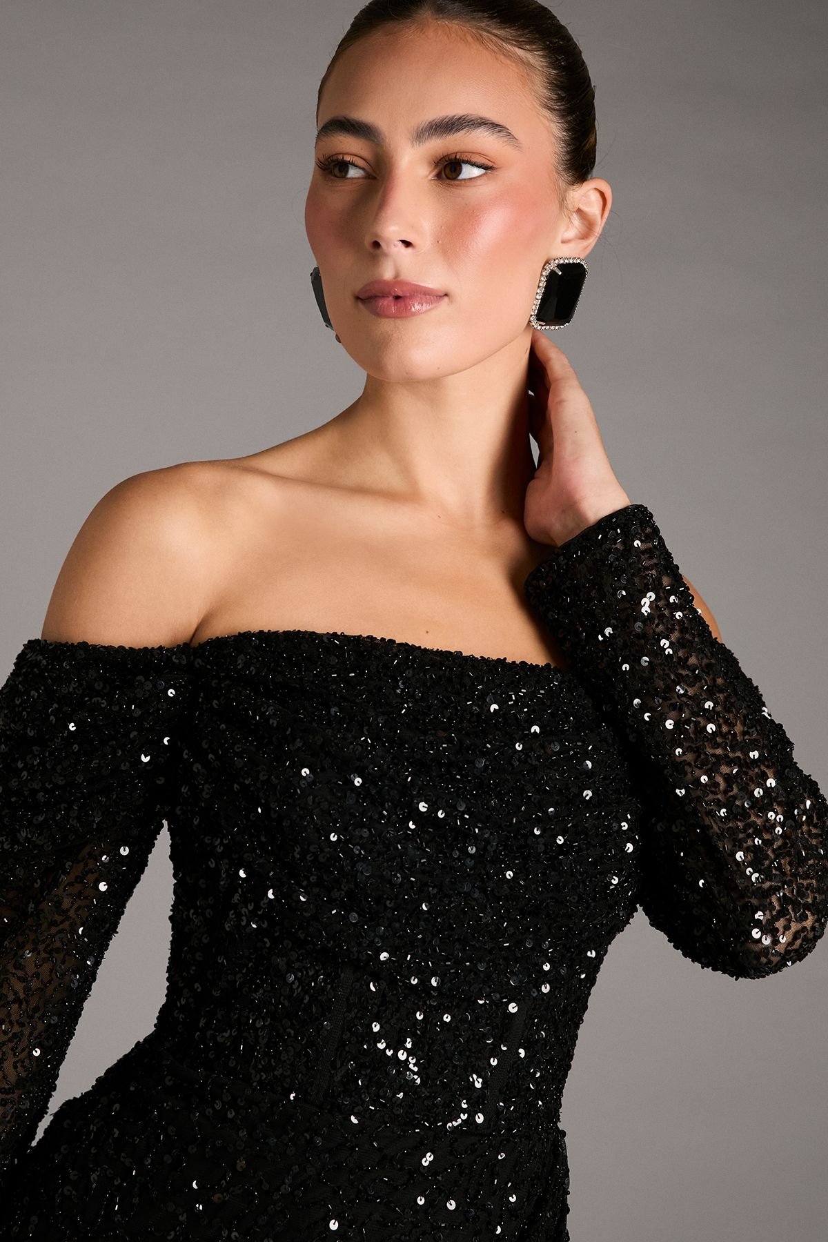 Coast Coast Women's Sequin Party Bardot Long Sleeve Wrap Skirt Mini Dress in Black - 4