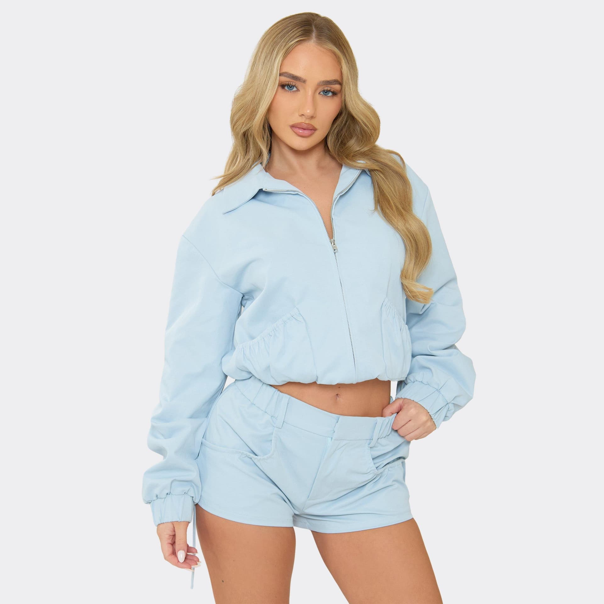 EGO EGO Blue Long Sleeve Ruched Pocket Detail Collared Jacket