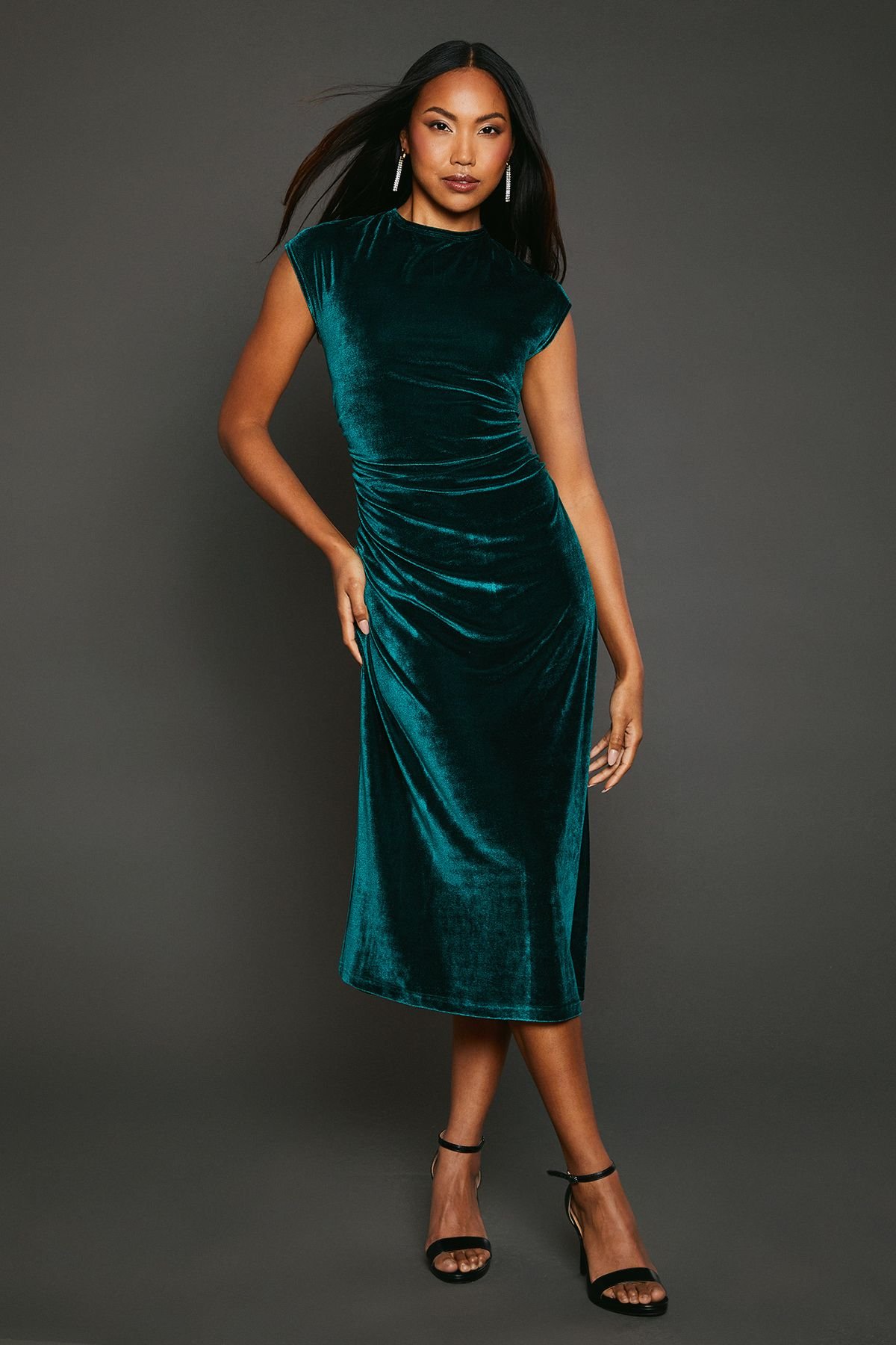 Principles Principles Women's Green Velvet Ruched Waist Midi Dress - 2