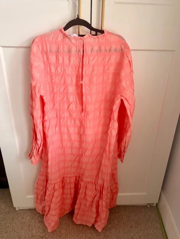 Never Fully Dressed Very Fully Dressed | Coral Pink Textured Smock Dress | UK 14 | Ruffle Neck