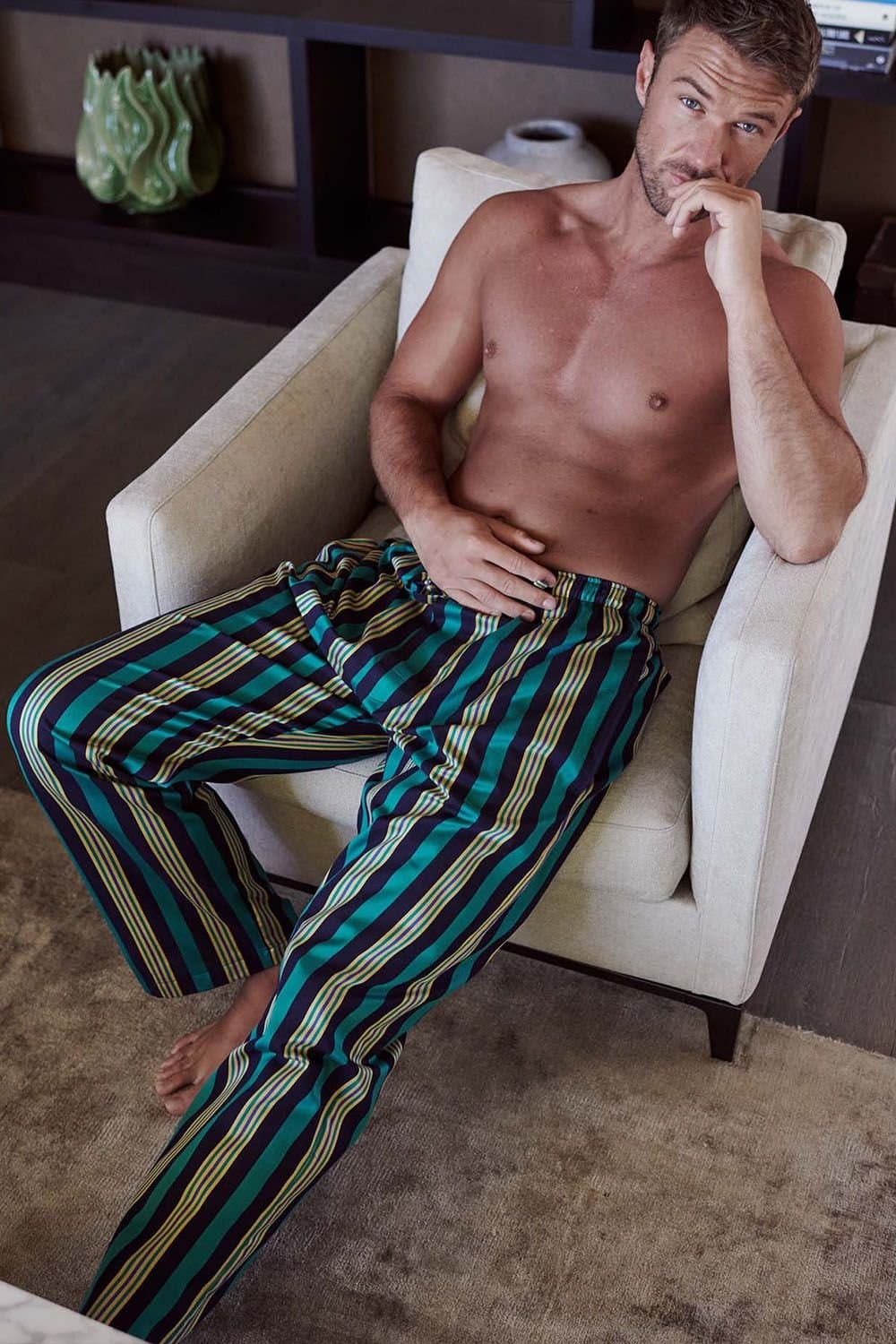 British Boxers British Boxers Men's "Jade Regimental" Cotton Satin Stripe Pyjama Trousers in Navy