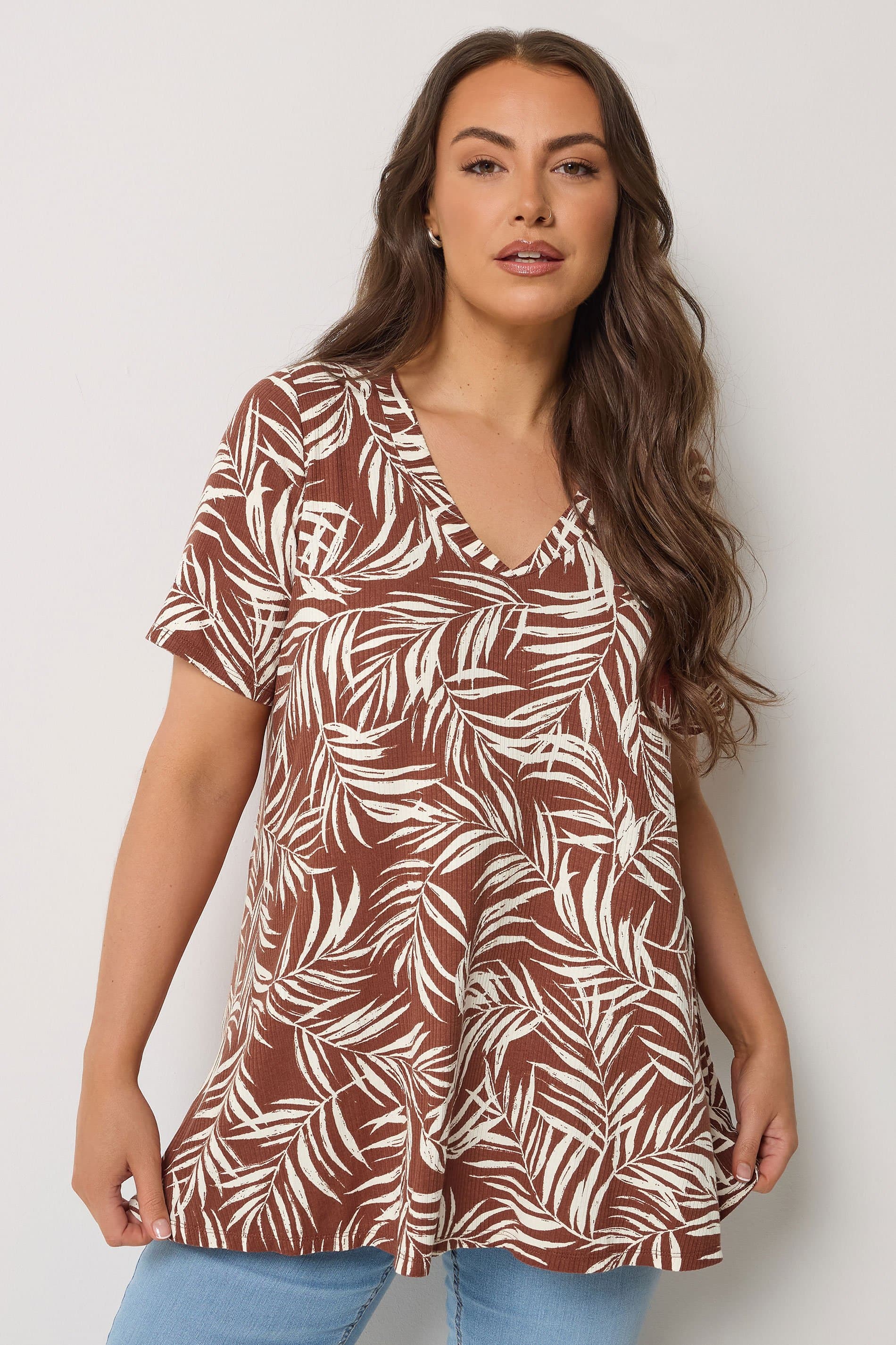 Yours Plus Size Brown Palm Leaf Swing Top