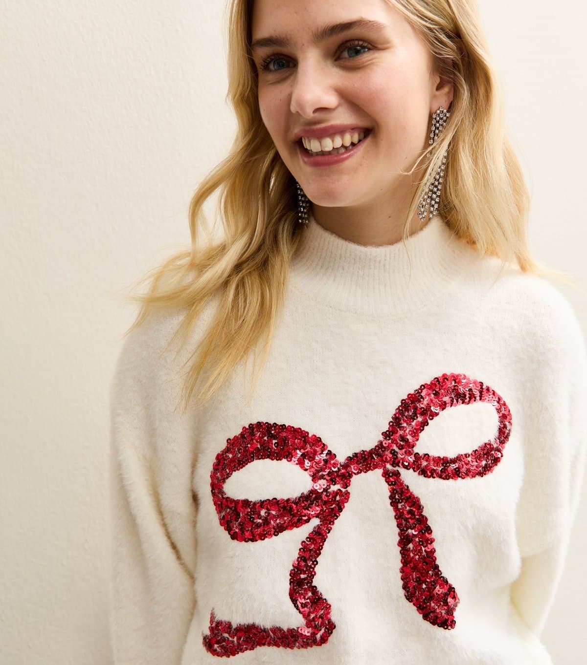 Sunshine Soul Women's White Fluffy Sequin Bow Jumper Sunshine Soul New Look