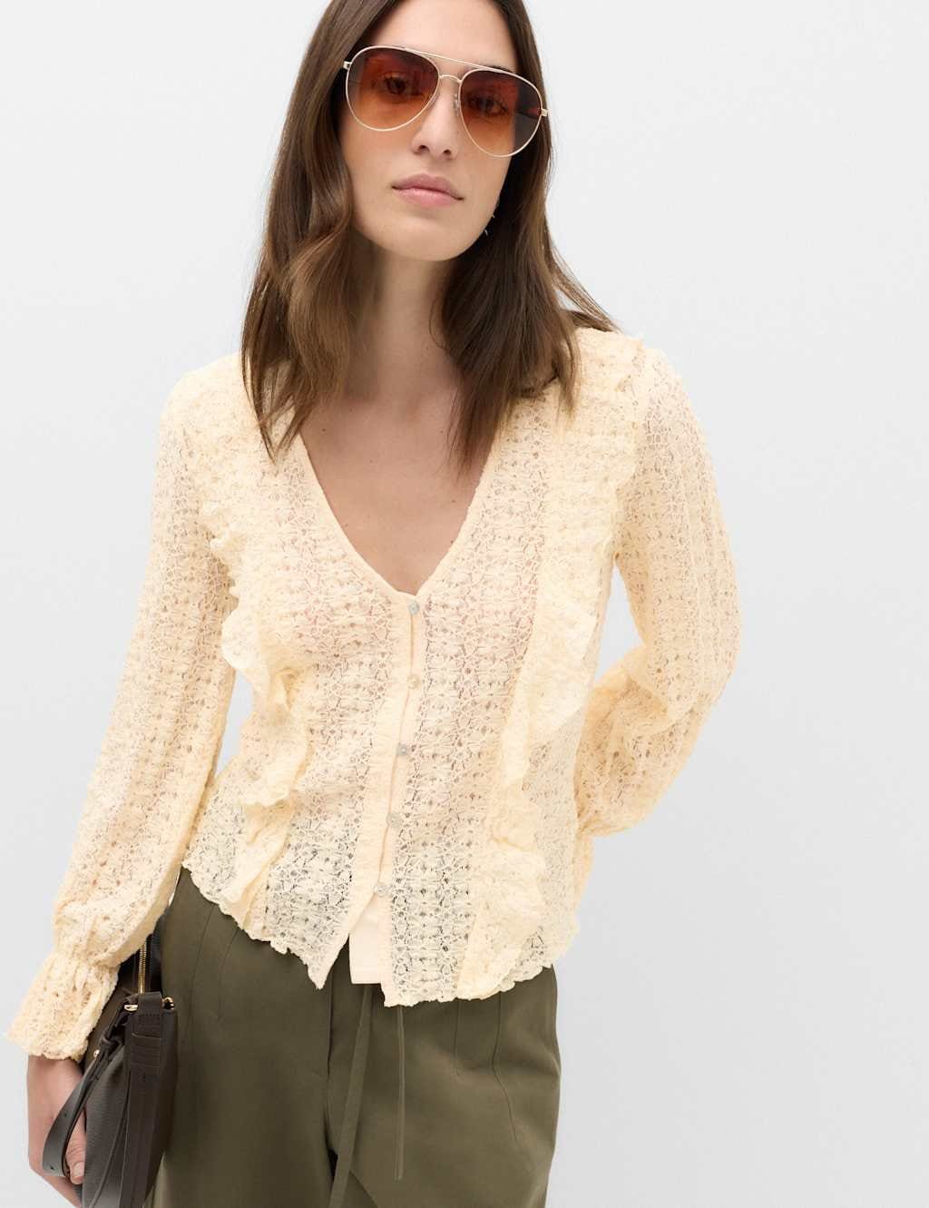 Marks & Spencer M&S Lace V-Neck Ruffle Top Ivory - 1
