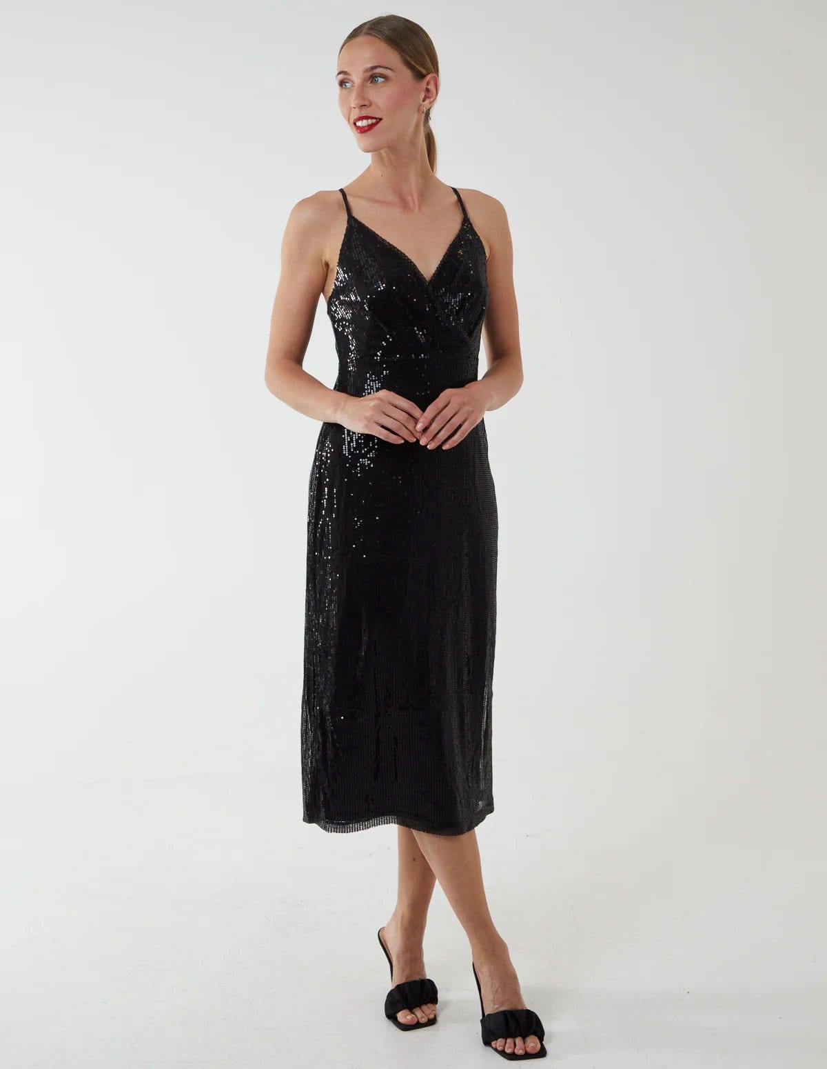 Blue Vanilla Black Sequin Wrap Front Cami Midi Dress
