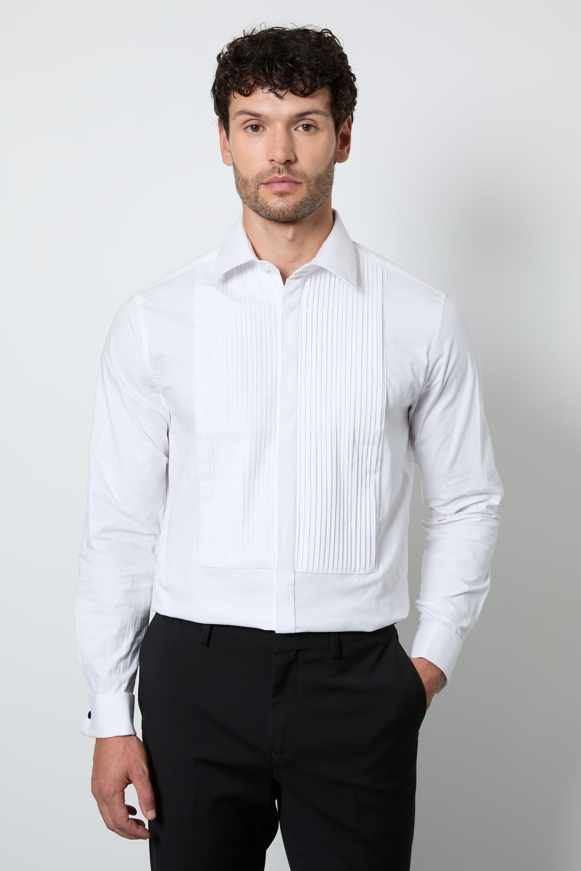 Burton Burton Men's White Pleated Front Slim Fit Dress Shirt