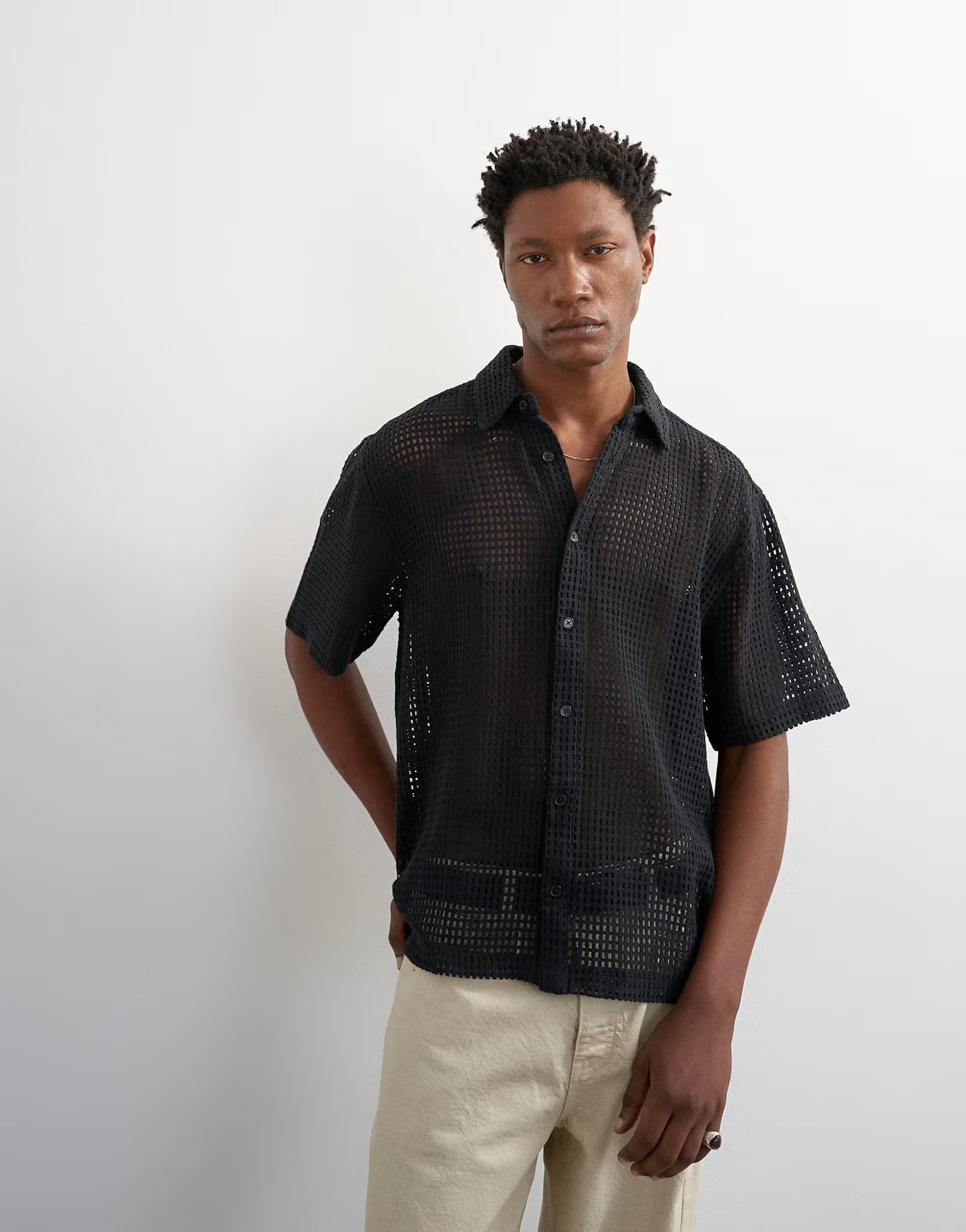 ASOS Topman relaxed fit short sleeve woven mesh shirt in black