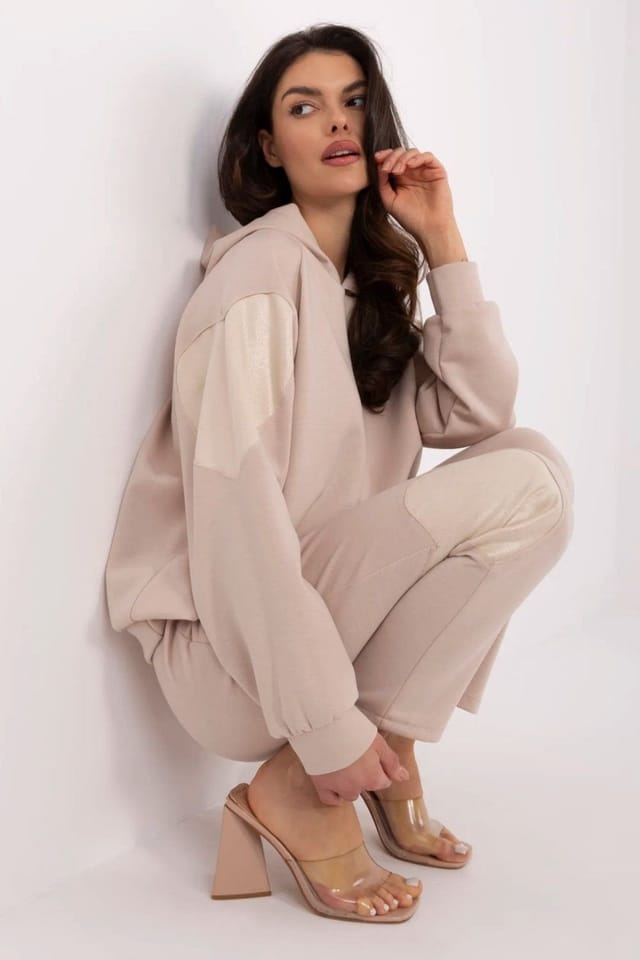 Love Lace Love Lace Women's Heart Patch Hoodie & High Waist Pants Set in Beige - 2