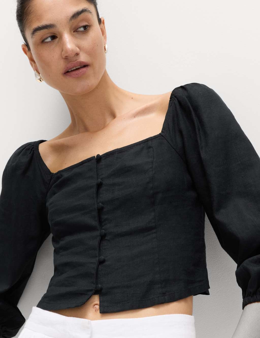 Marks & Spencer M&S Linen Rich Puff Sleeve Top Black - 3