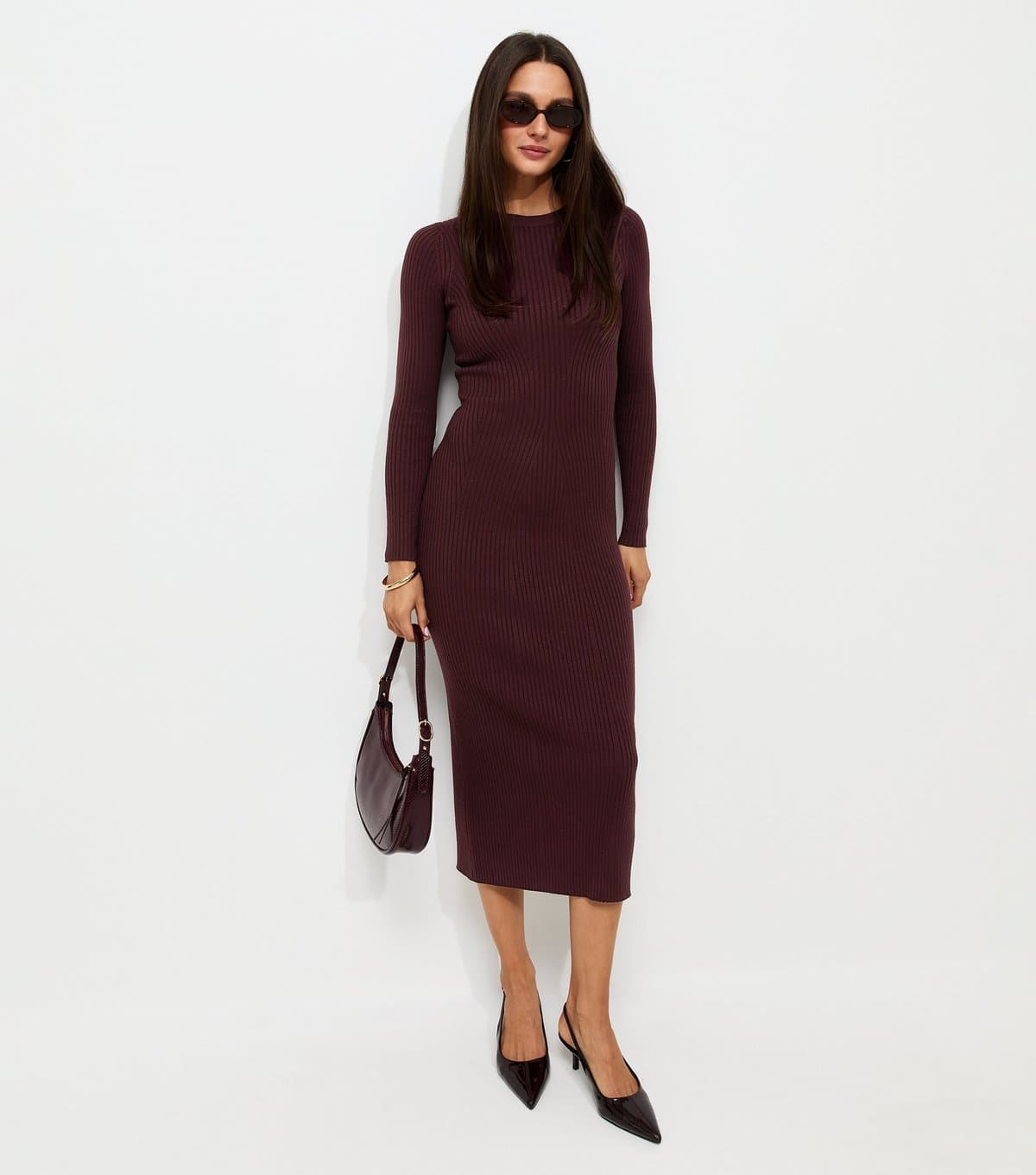New Look Women's Dark Burgundy Ribbed Lightweight Knit Midi Dress New Look