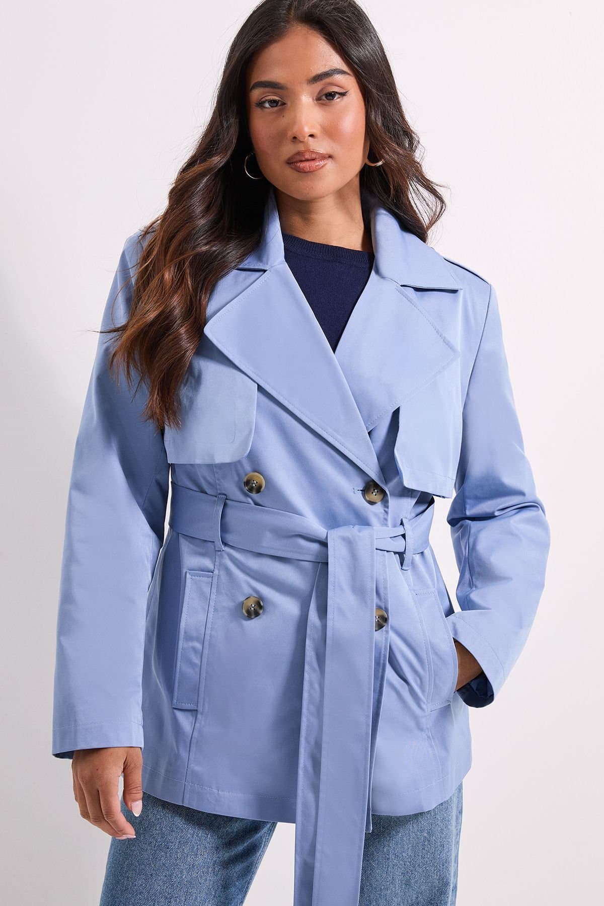 Dorothy Perkins Dorothy Perkins Women's Petite Double Breasted Belted Trench Coat in Light Blue