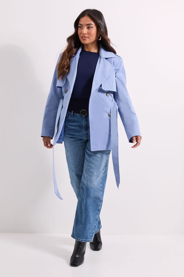 Dorothy Perkins Dorothy Perkins Women's Petite Double Breasted Belted Trench Coat in Light Blue - 2