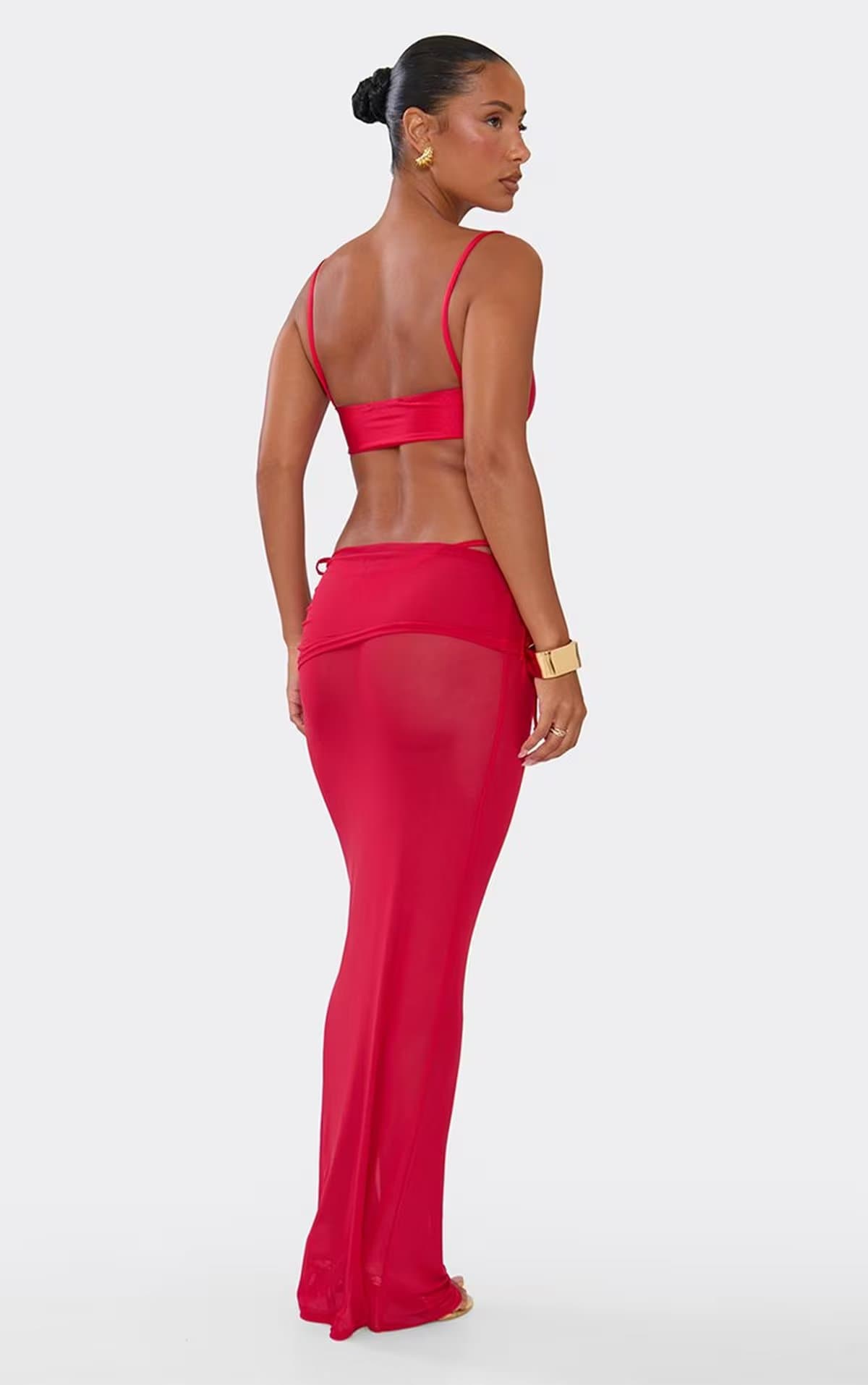 EGO Low Waist Fold Over Tie Side Detail Ruched Maxi Skirt In Red Mesh, Women's Size UK 6