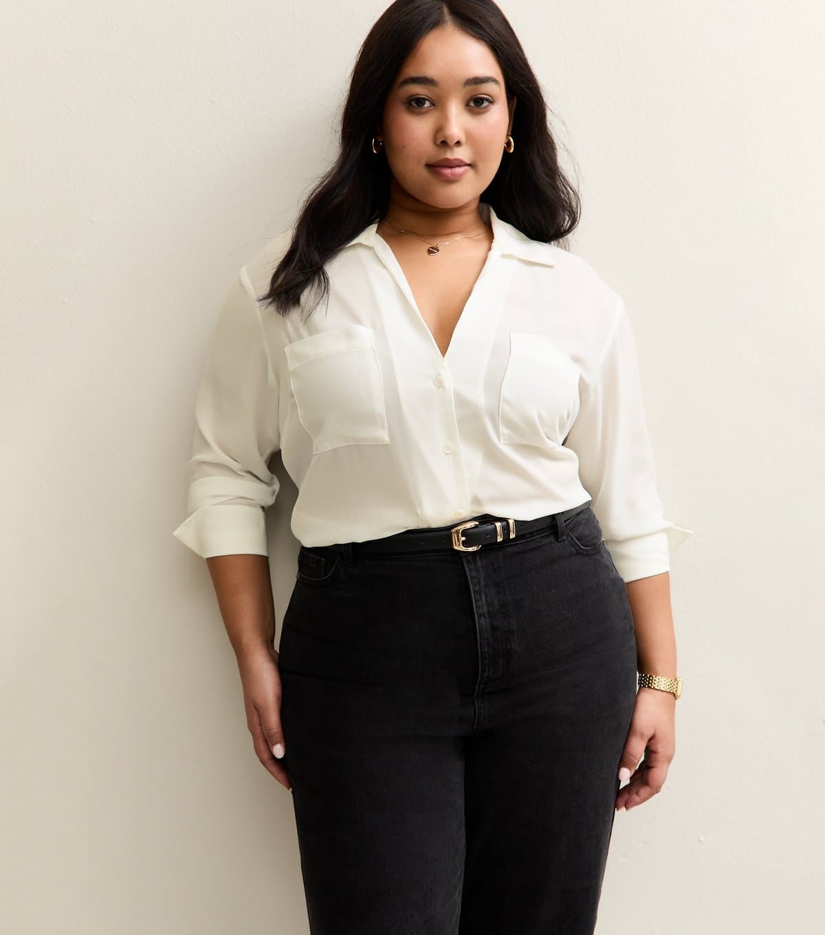 New Look Women's Plus Size White Front Pocket V-Neck Shirt Curves New Look