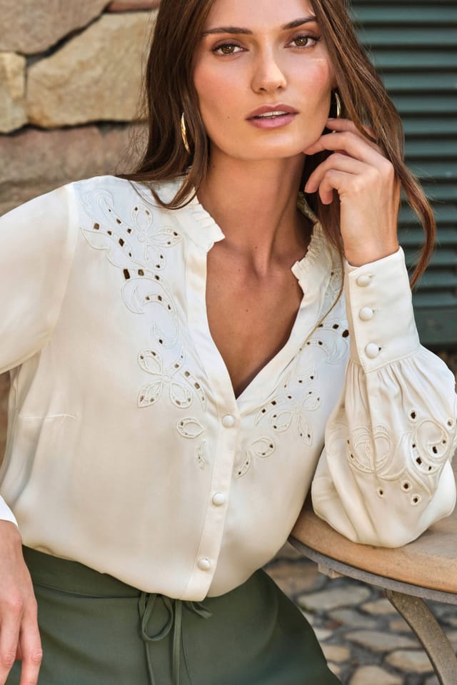 Pure Collection Pure Collection Women's Satin Embroidered Blouse in Cream - 3