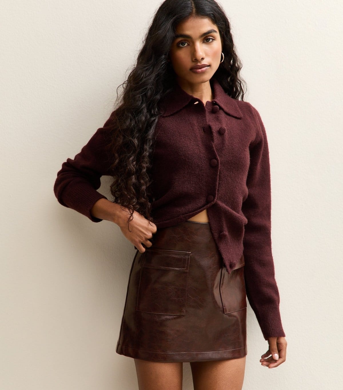 New Look Dark Brown Cracked Faux Leather Mini Skirt