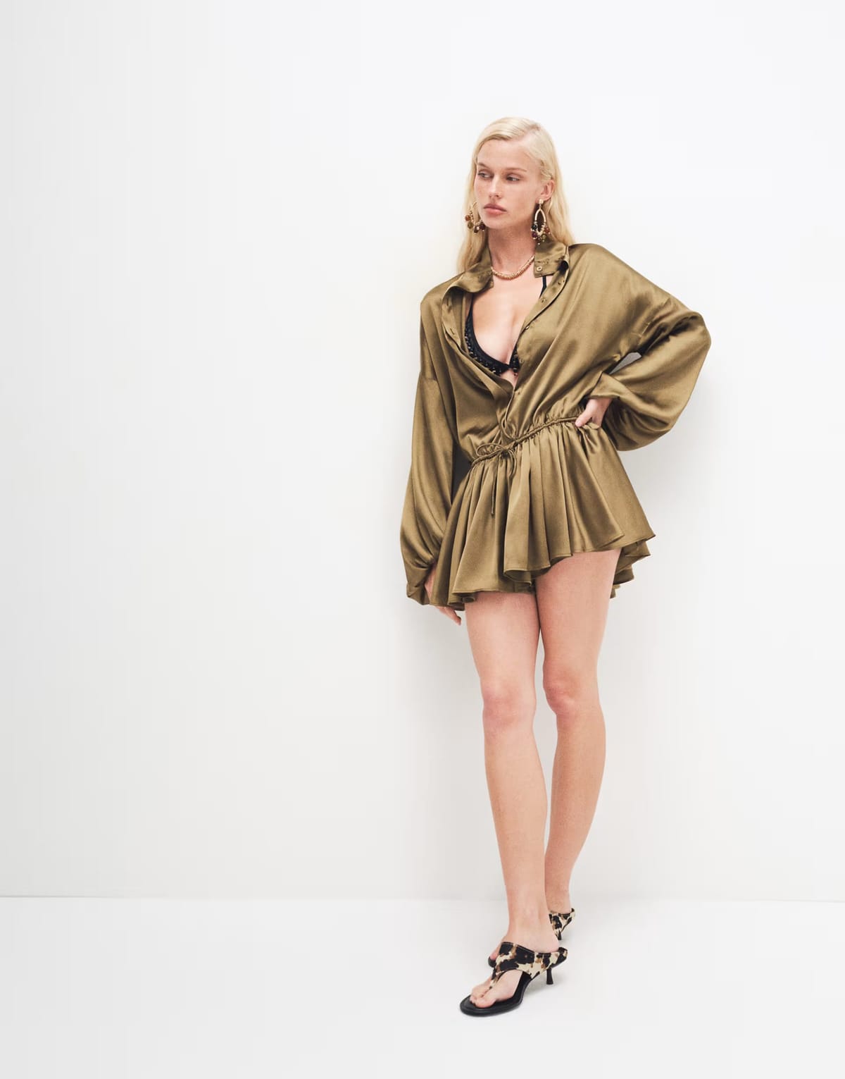 ASOS ASOS DESIGN satin funnel neck playsuit in khaki - 1