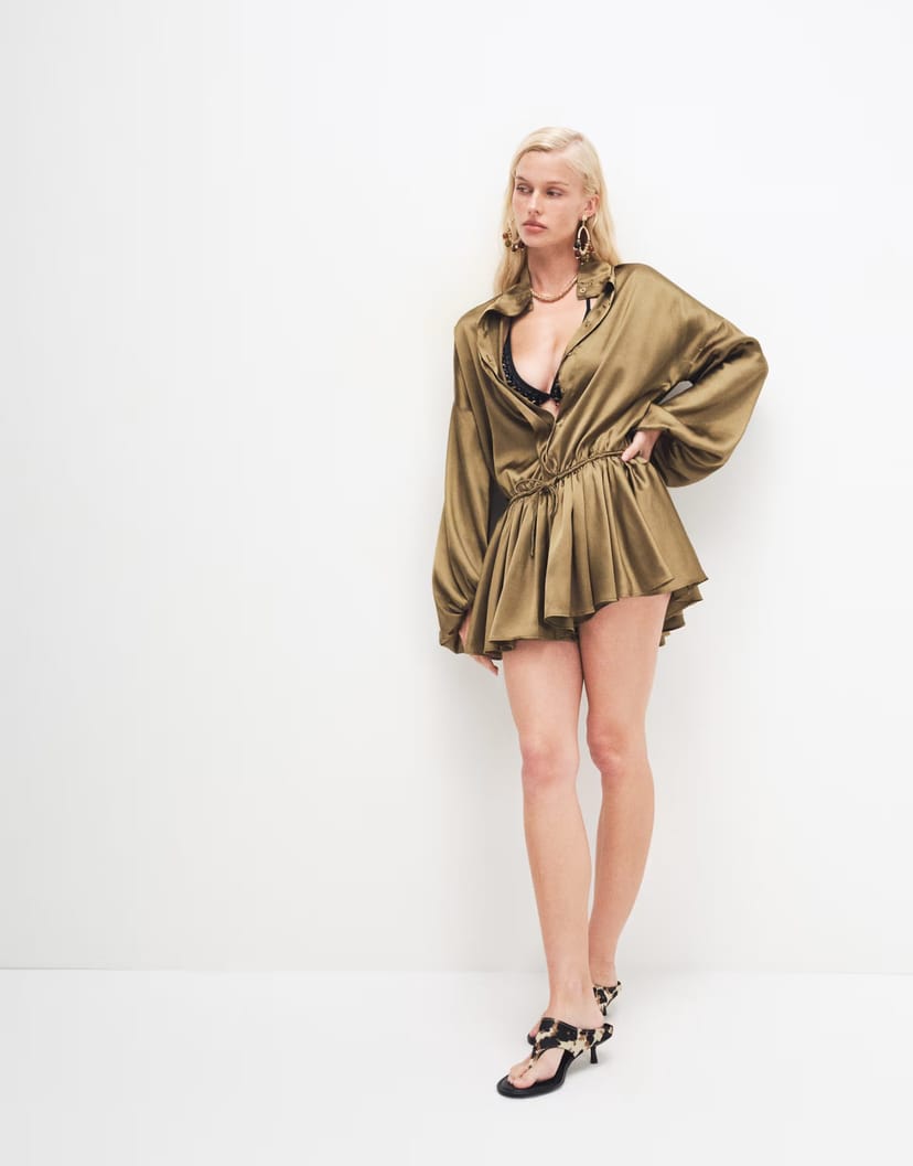 ASOS ASOS DESIGN satin funnel neck playsuit in khaki - 1