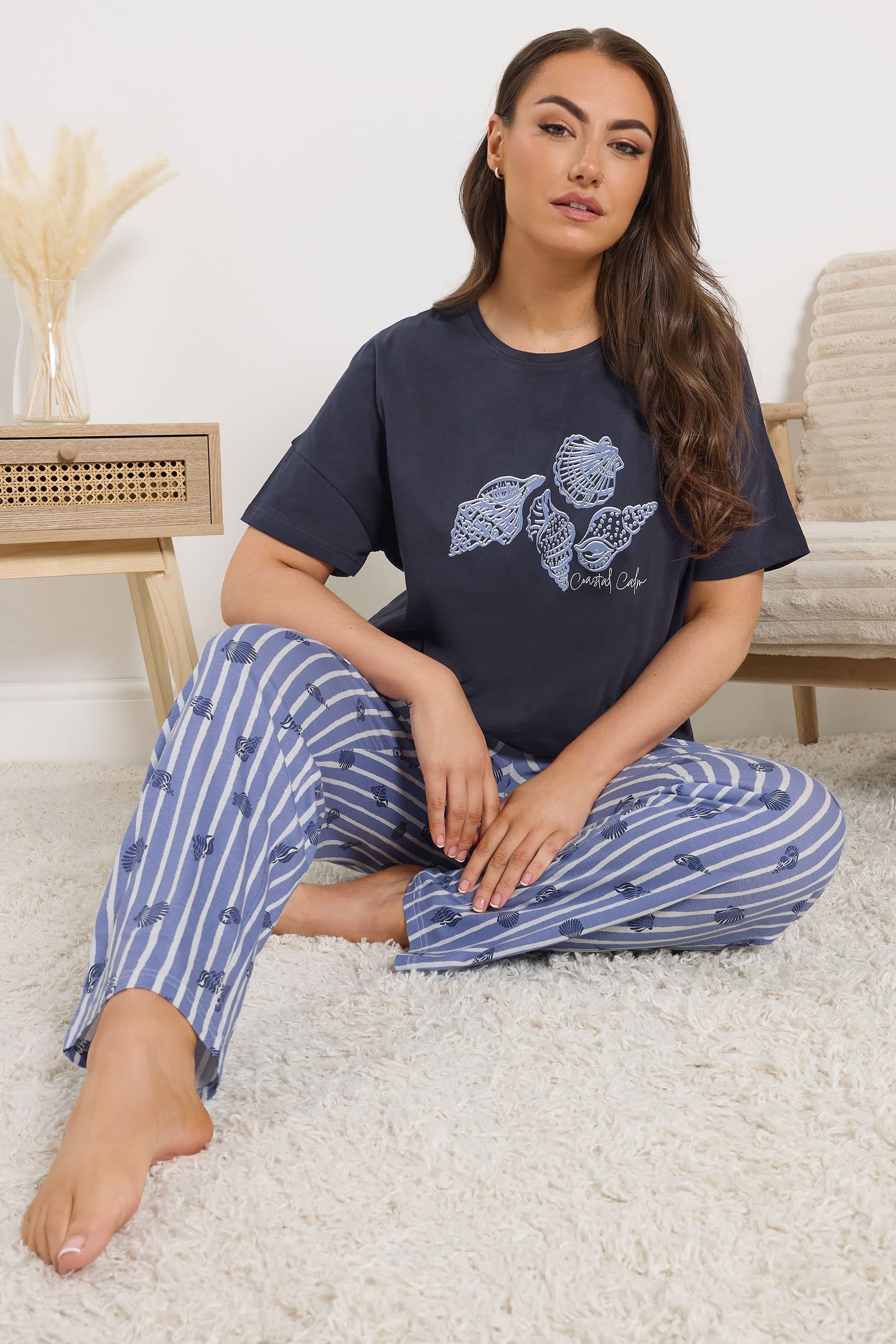 Yours Plus Size Blue 'Coastal Calm' Stripe Pyjama Set