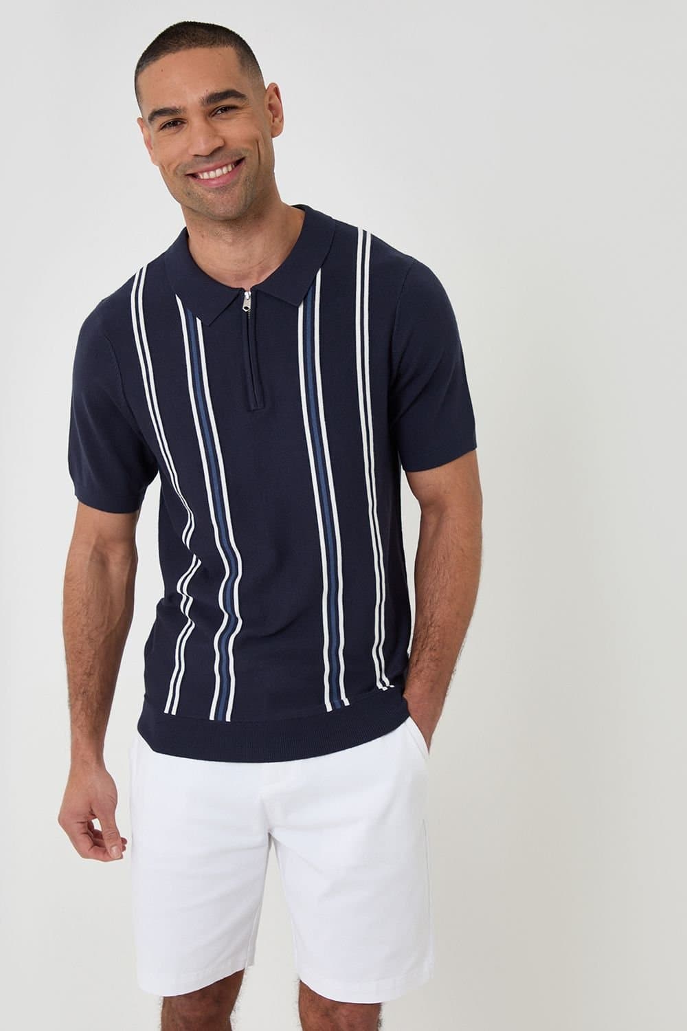 Threadbare Threadbare Men's Stripe Quarter Zip Knitted Polo in Navy