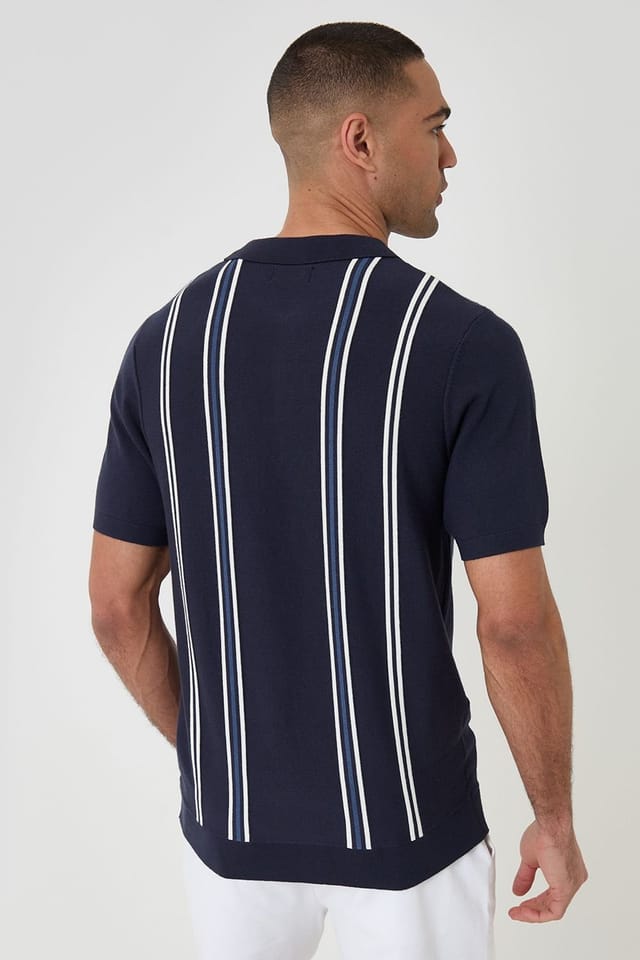 Threadbare Threadbare Men's Stripe Quarter Zip Knitted Polo in Navy - 2
