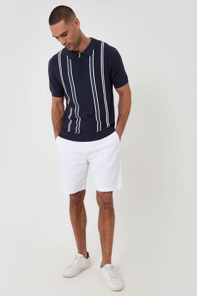 Threadbare Threadbare Men's Stripe Quarter Zip Knitted Polo in Navy - 3