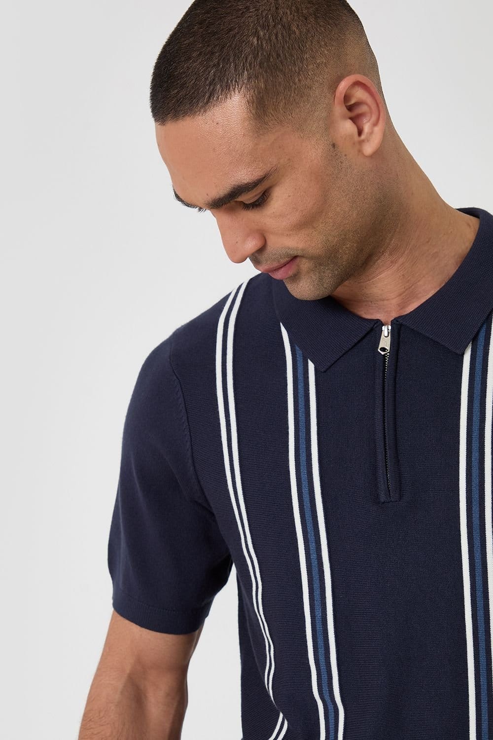 Threadbare Threadbare Men's Stripe Quarter Zip Knitted Polo in Navy - 4