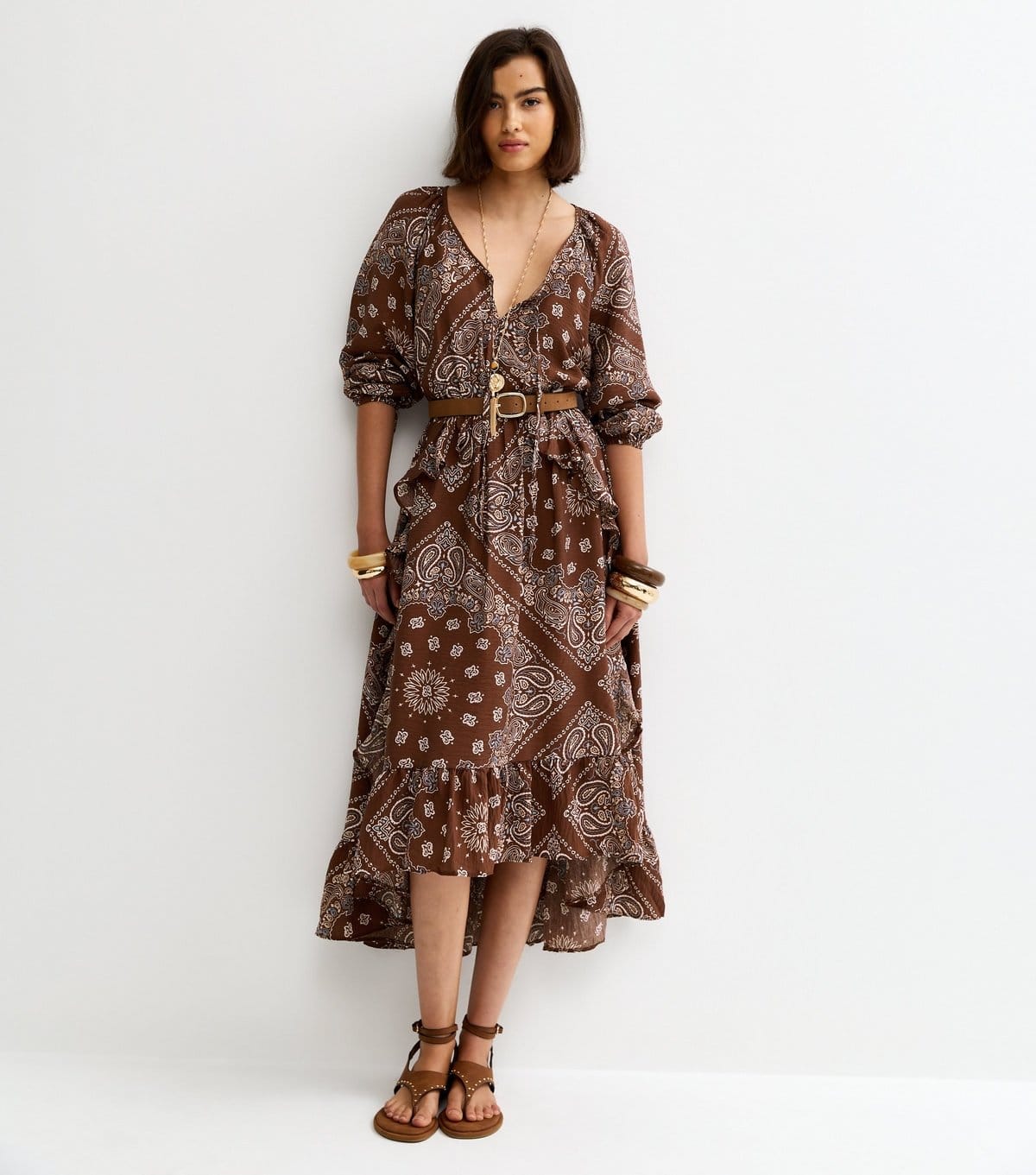New Look Brown Bandana Print Ruffle Hem Midi Dress