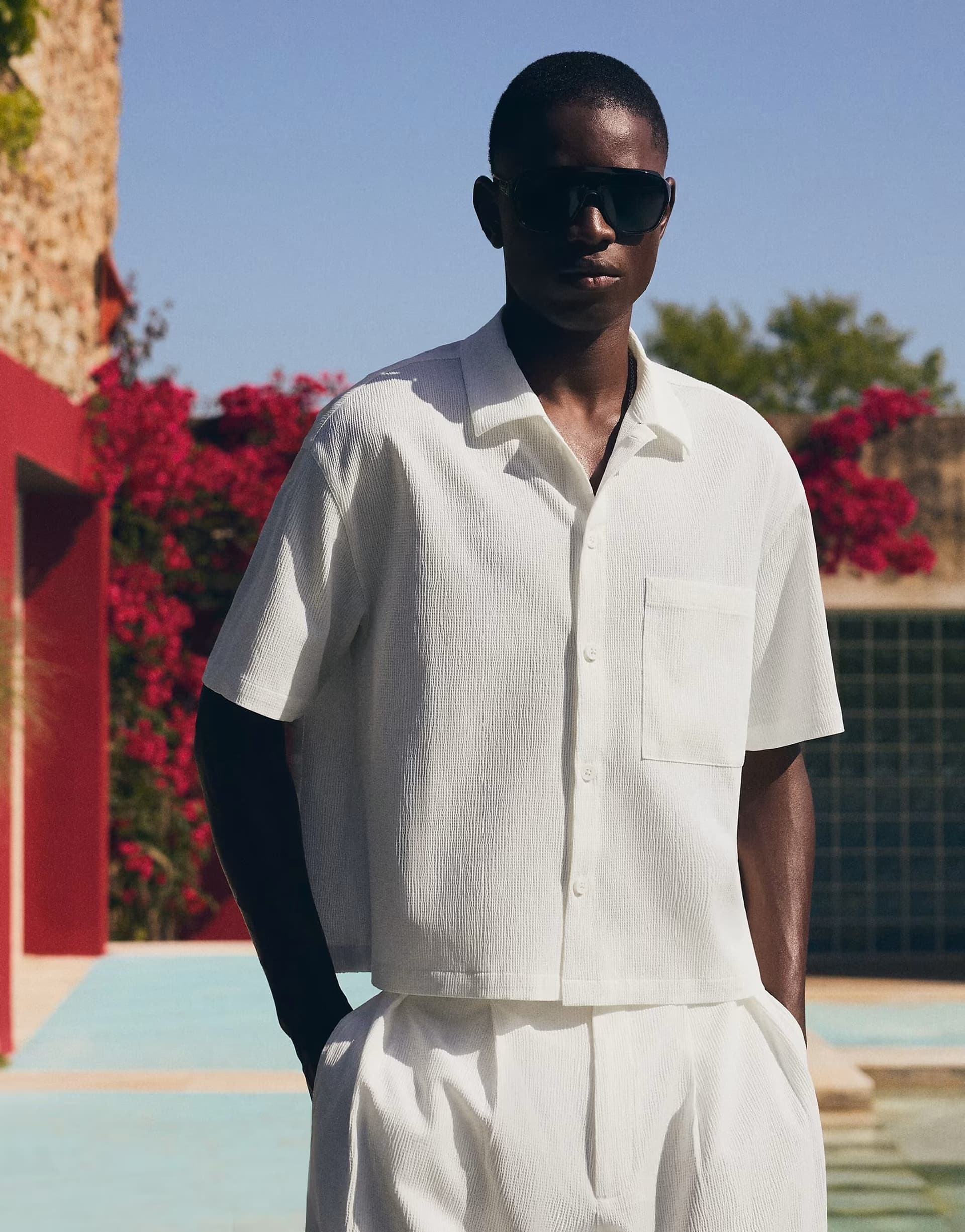 ASOS Bershka Pleated short sleeve boxy shirt in white