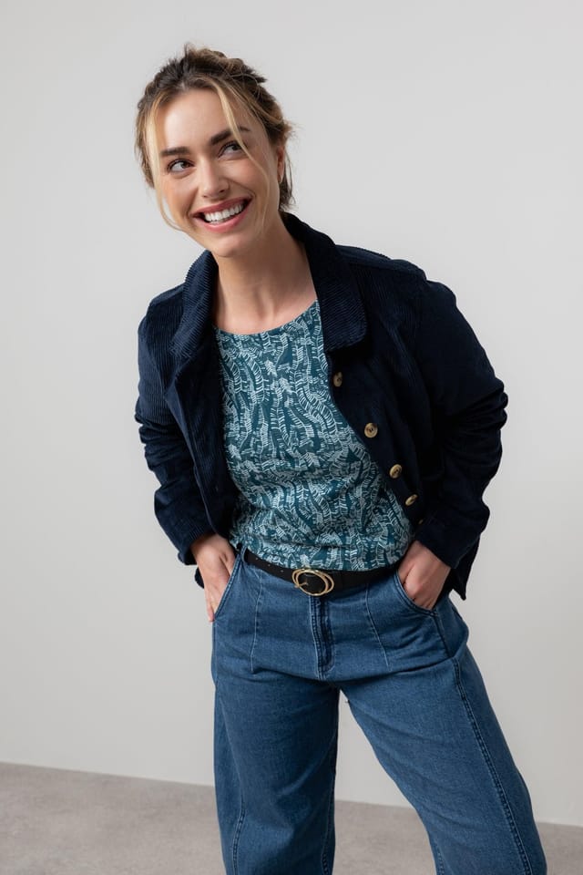 Lily & Me Lily & Me Women's Ash Stretch Cotton Long Sleeve Jumbo Cord Jacket with Printed Lining in Navy - 3