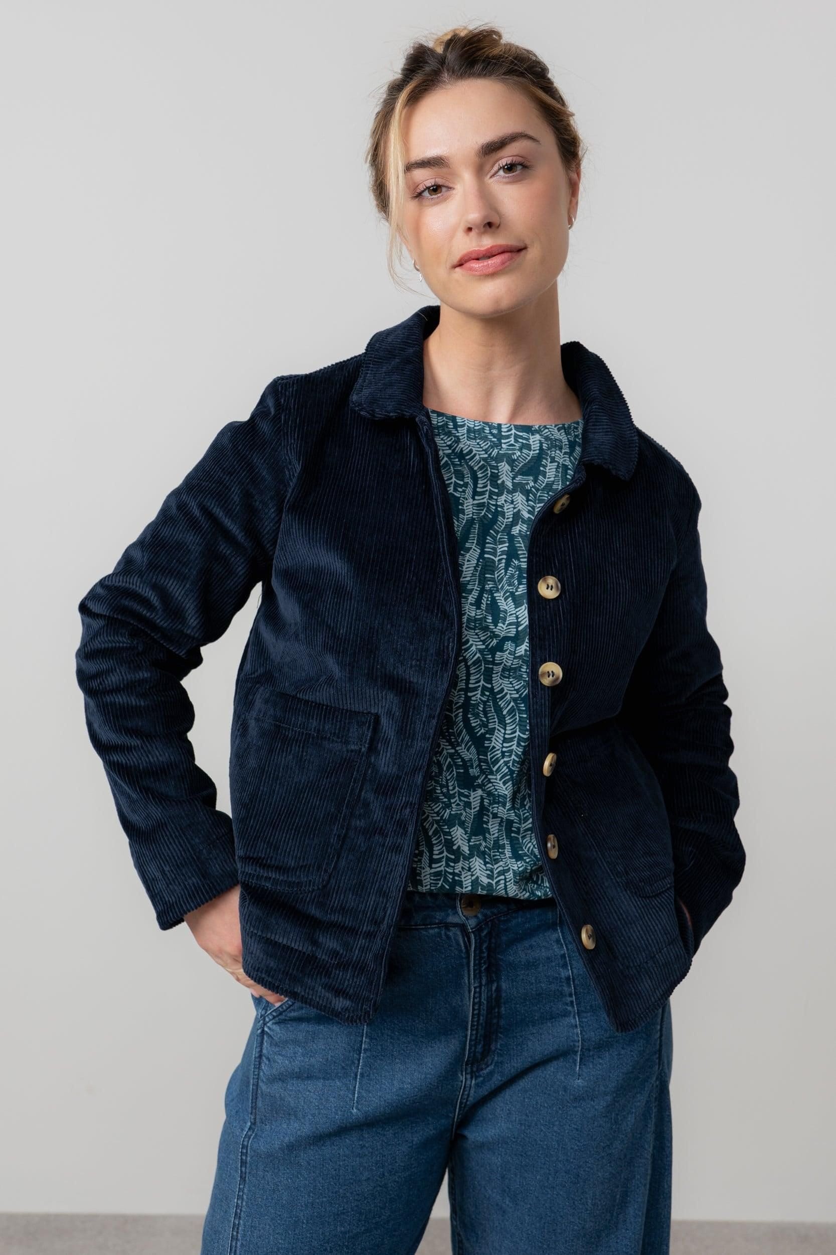 Lily & Me Lily & Me Women's Ash Stretch Cotton Long Sleeve Jumbo Cord Jacket with Printed Lining in Navy - 4