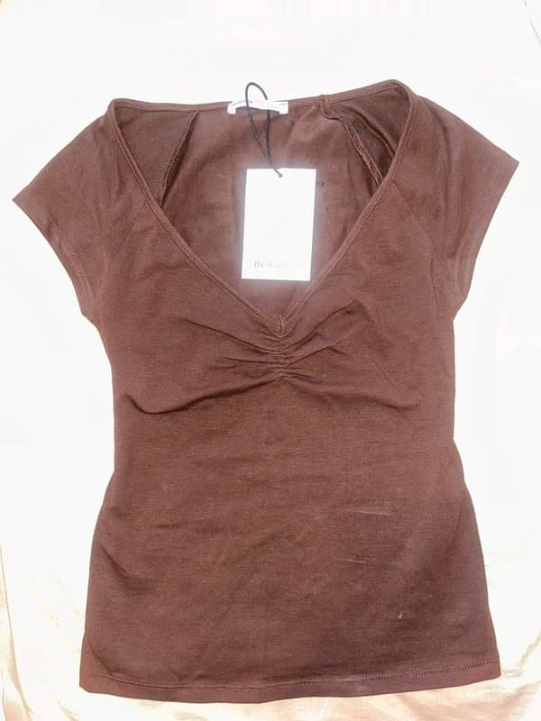 Bershka plain, fitted, brown top with ruched v neckline from bershka