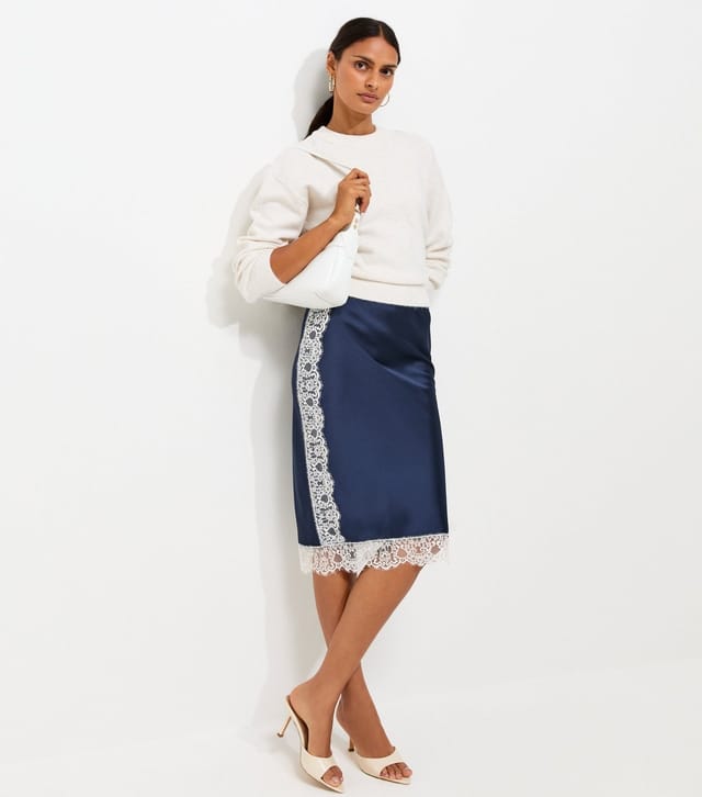 New Look Women's Navy Satin Lace Trim Midi Skirt New Look - 2