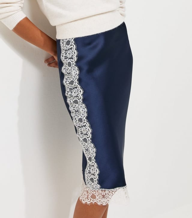 New Look Women's Navy Satin Lace Trim Midi Skirt New Look - 3