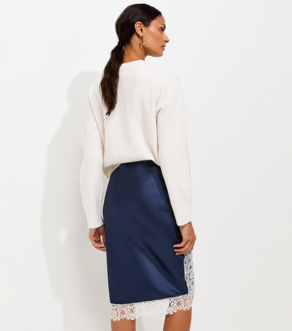 New Look Women's Navy Satin Lace Trim Midi Skirt New Look - 4