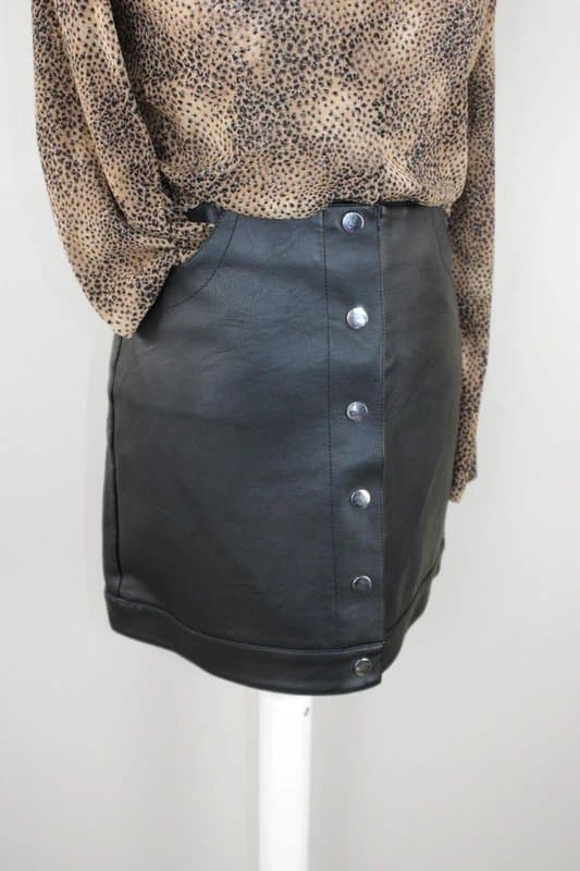 Topshop Topshop Black Faux Leather ECO Mini Skirt UK 8 Silver Button Front Pockets
