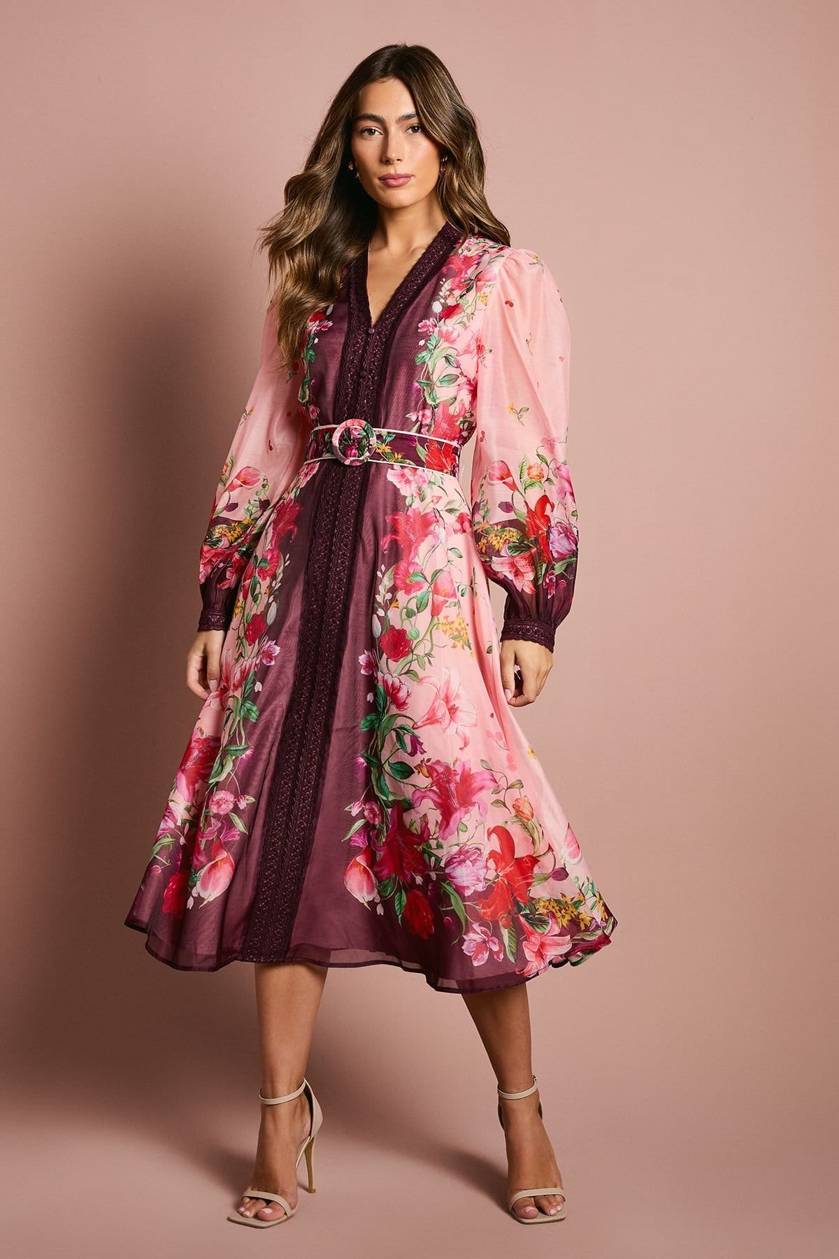 Coast Pink Floral Organza Midi Dress With Belt