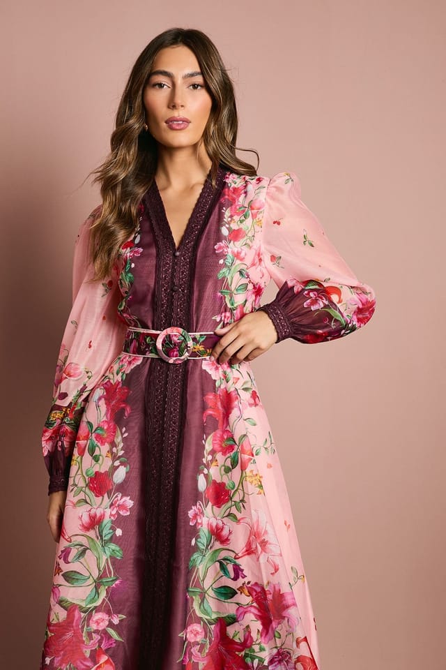 Coast Coast Women's Long Sleeve Organza Midi Dress With Belt in Pink - 2