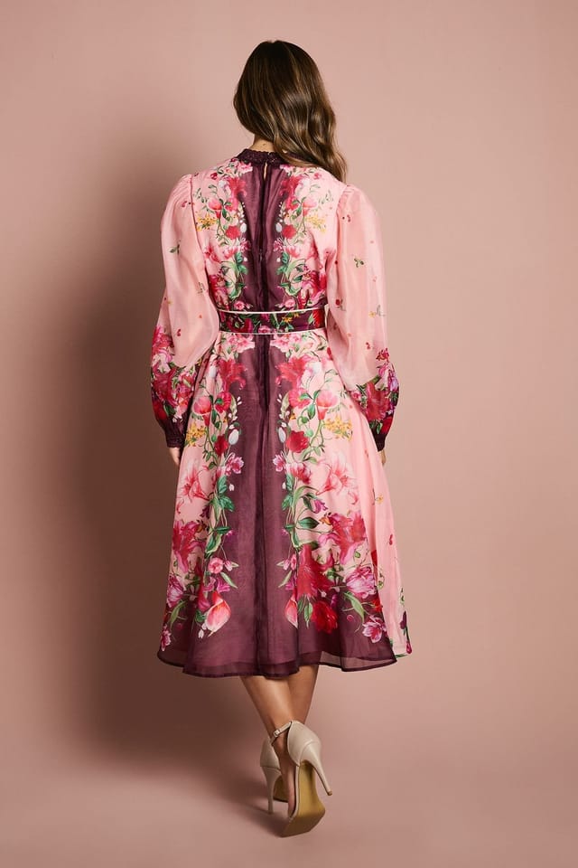 Coast Coast Women's Long Sleeve Organza Midi Dress With Belt in Pink - 3