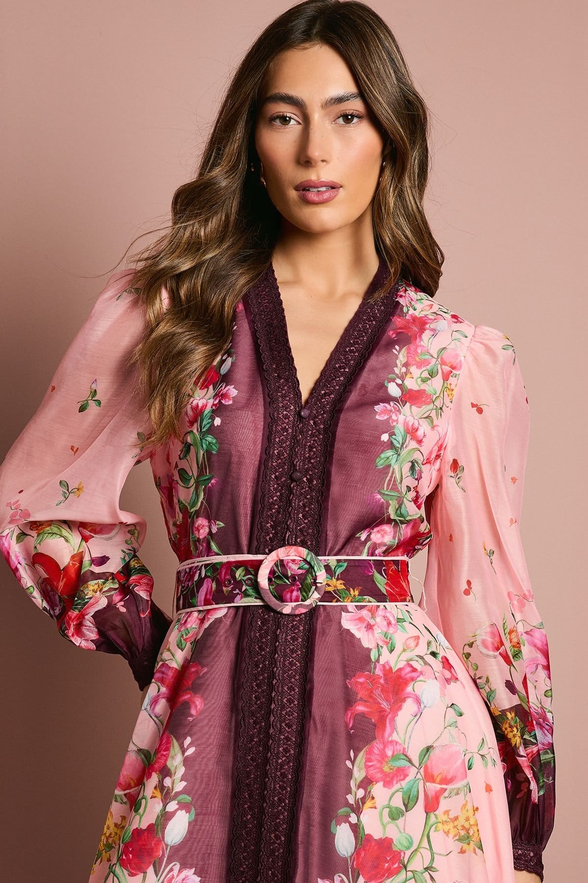 Coast Coast Women's Long Sleeve Organza Midi Dress With Belt in Pink - 4