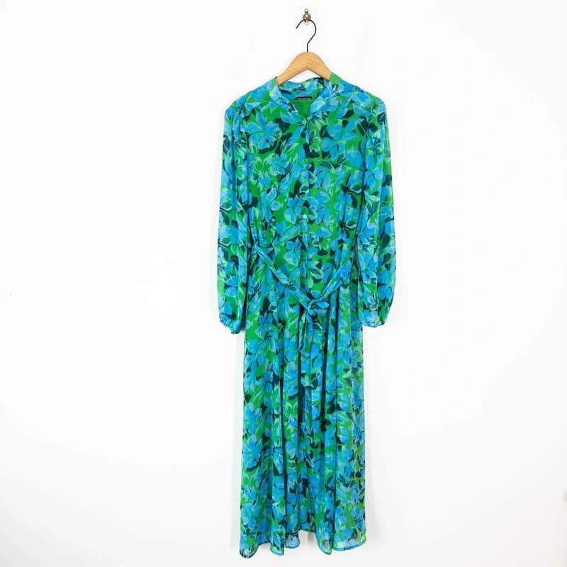 Nina Leonard Nina Leonard Floral Maxi Shirt Dress Size XL Blue Green Belted Chiffon