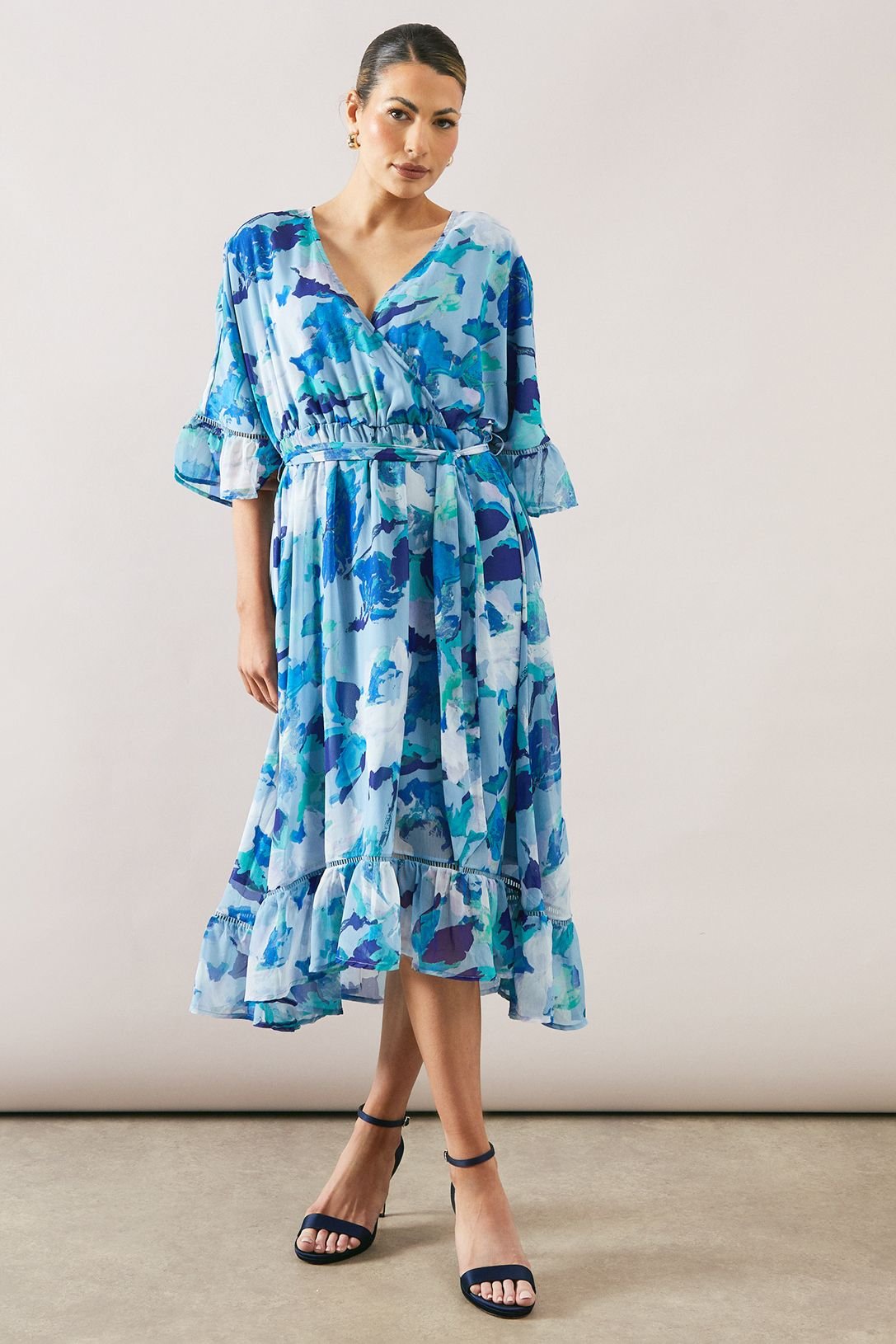 Wallis Wallis Women's Floral Drop Hem Frill Midi Dress in Blue - 2