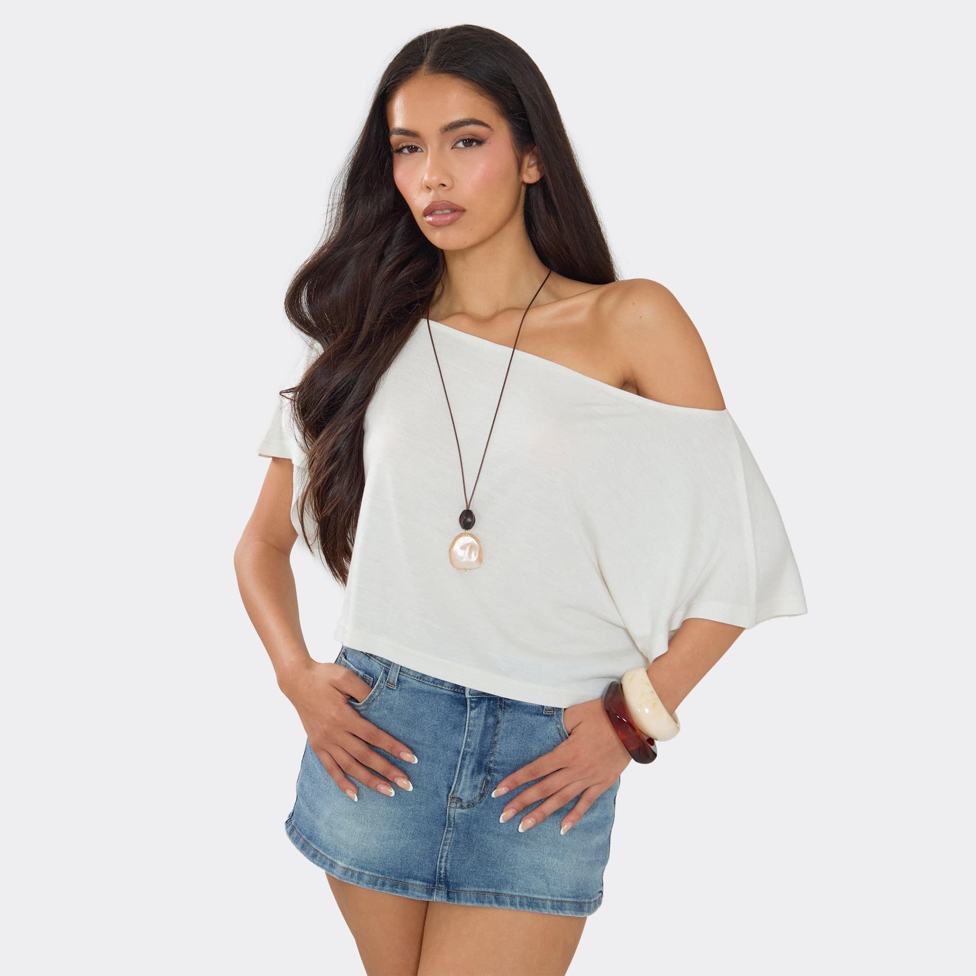 EGO Off The Shoulder Oversized T-Shirt In White., Women's Size UK 6