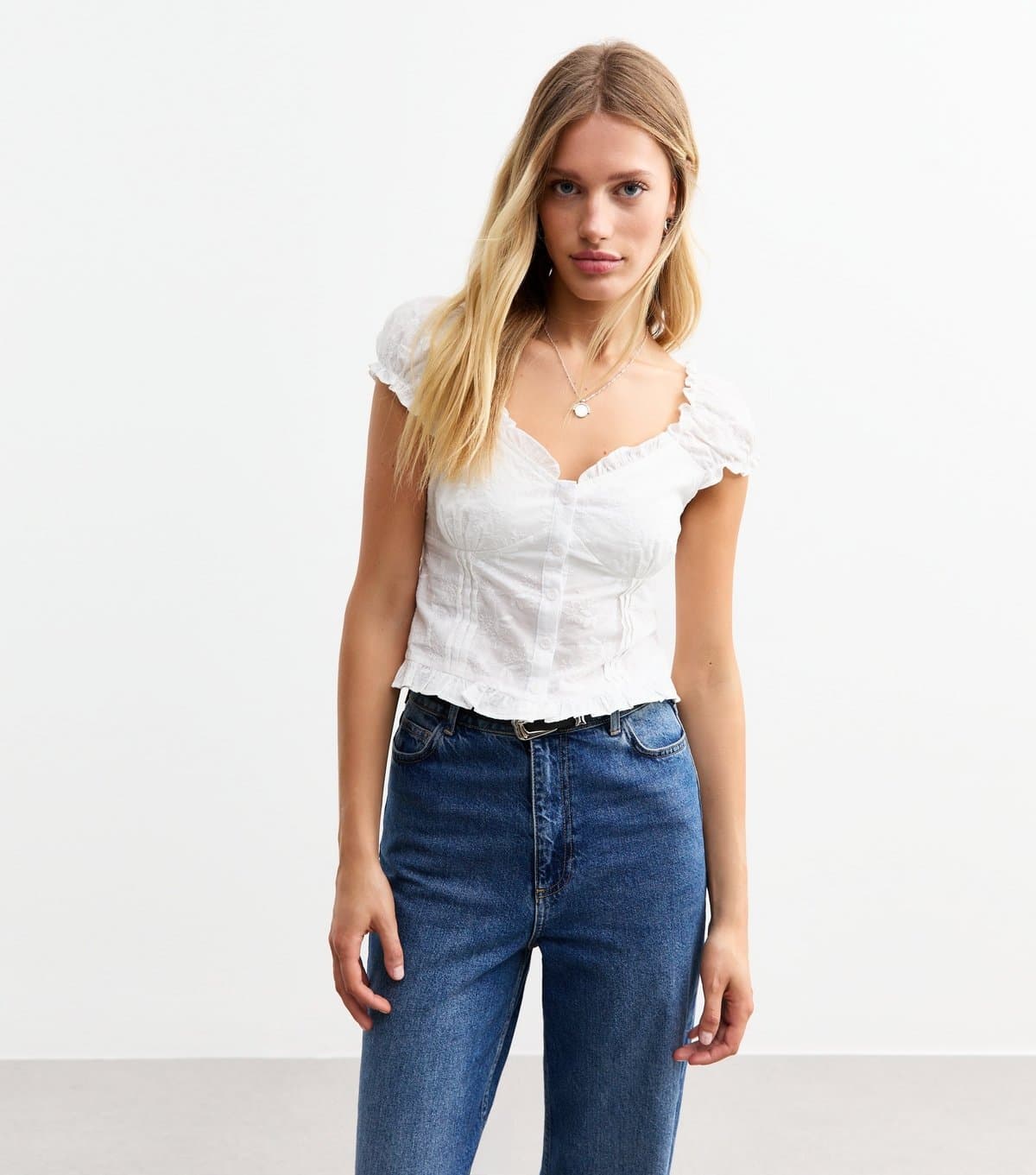 New Look Women's Off White Floral Embroidered Buttoned Milkmaid Top New Look