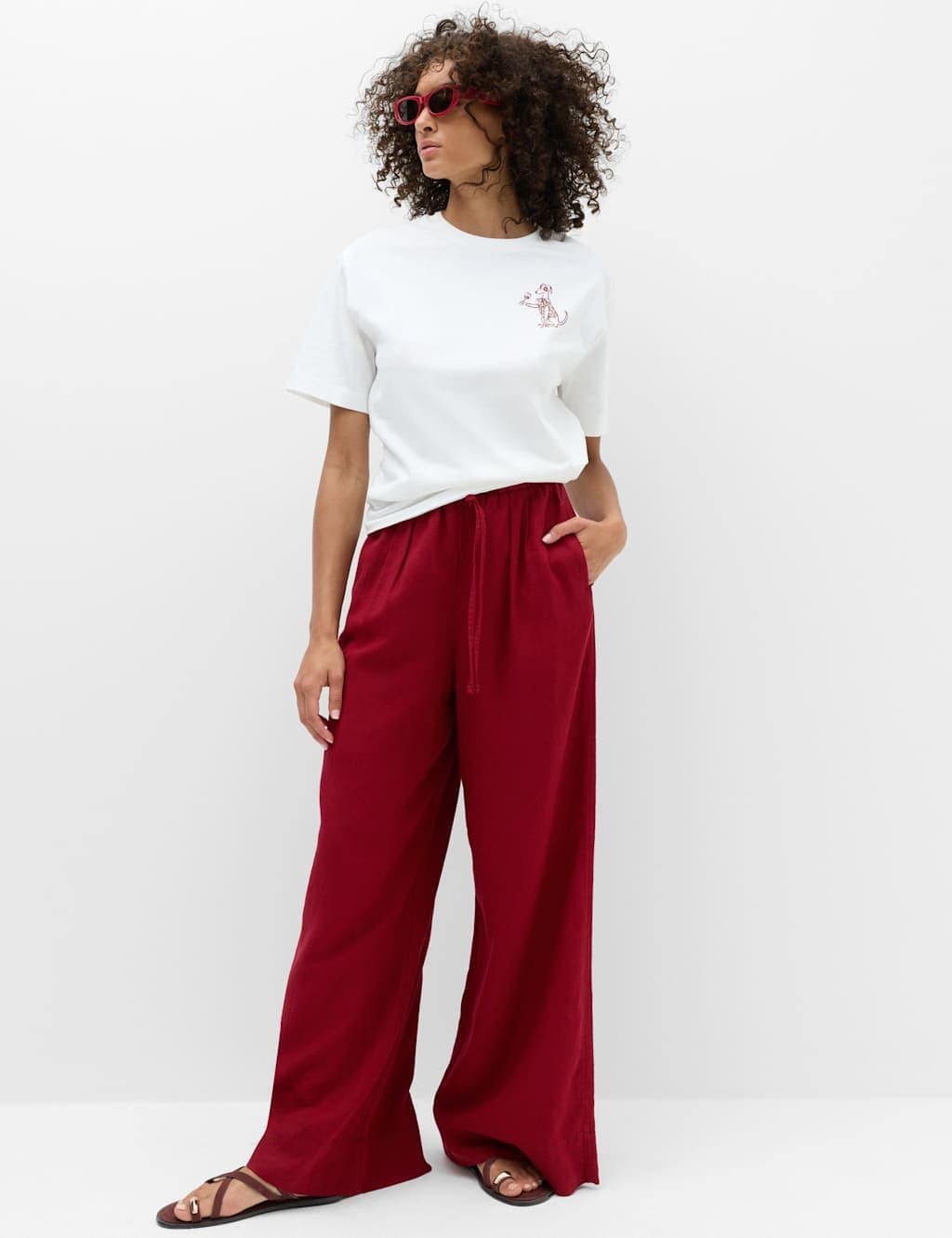 Marks & Spencer M&S Linen Rich Drawstring Wide Leg Trousers Dark Red