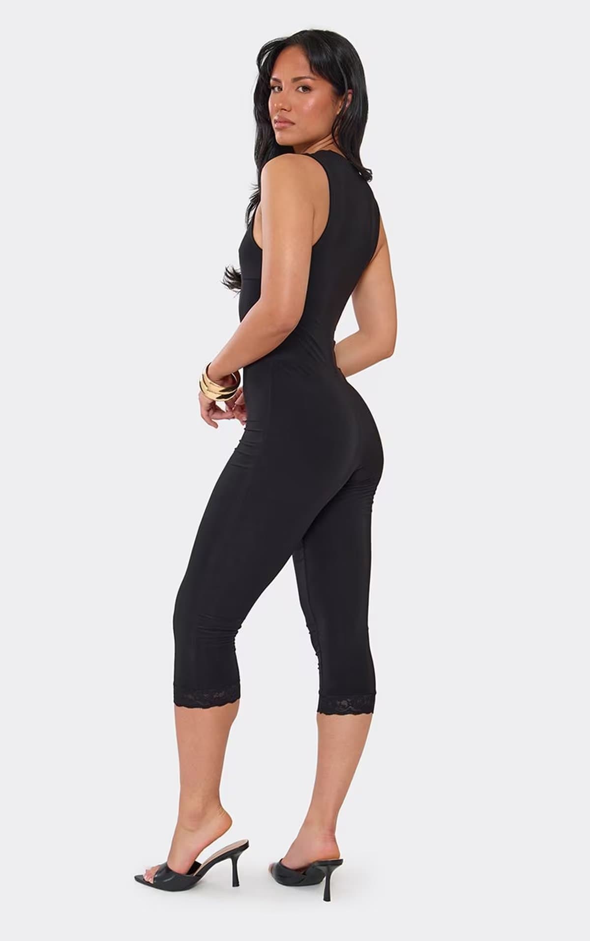 EGO Sleeveless Lace Trim Capri Jumpsuit In Black., Women's Size UK 6