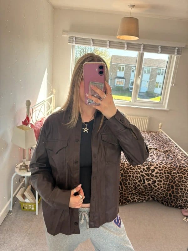 Bershka Bershka brown leather jacket shirt - 1