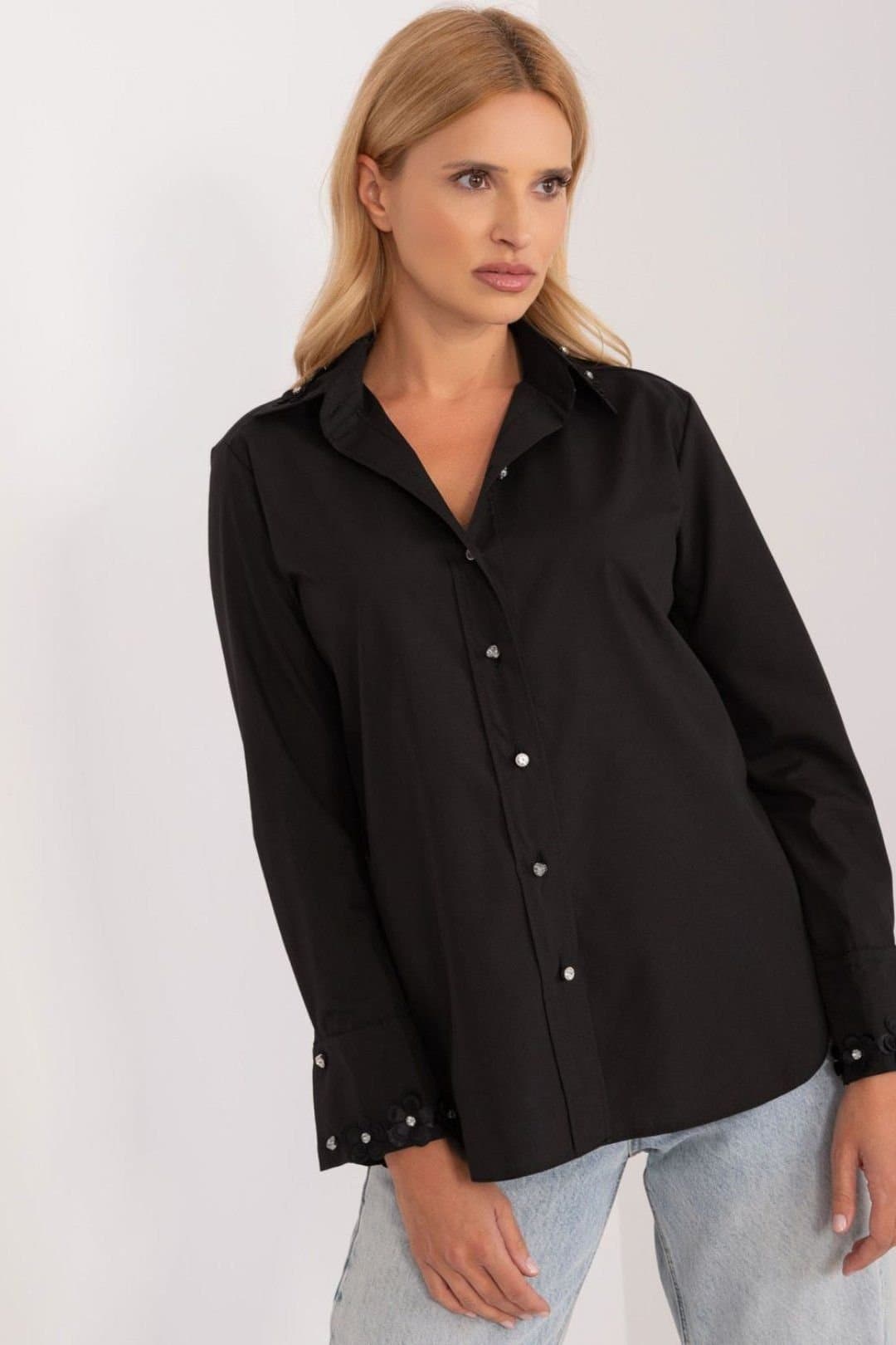 Love Lace Love Lace Women's Long Sleeve Cotton Shirt with Embroidered Cuffs in Black